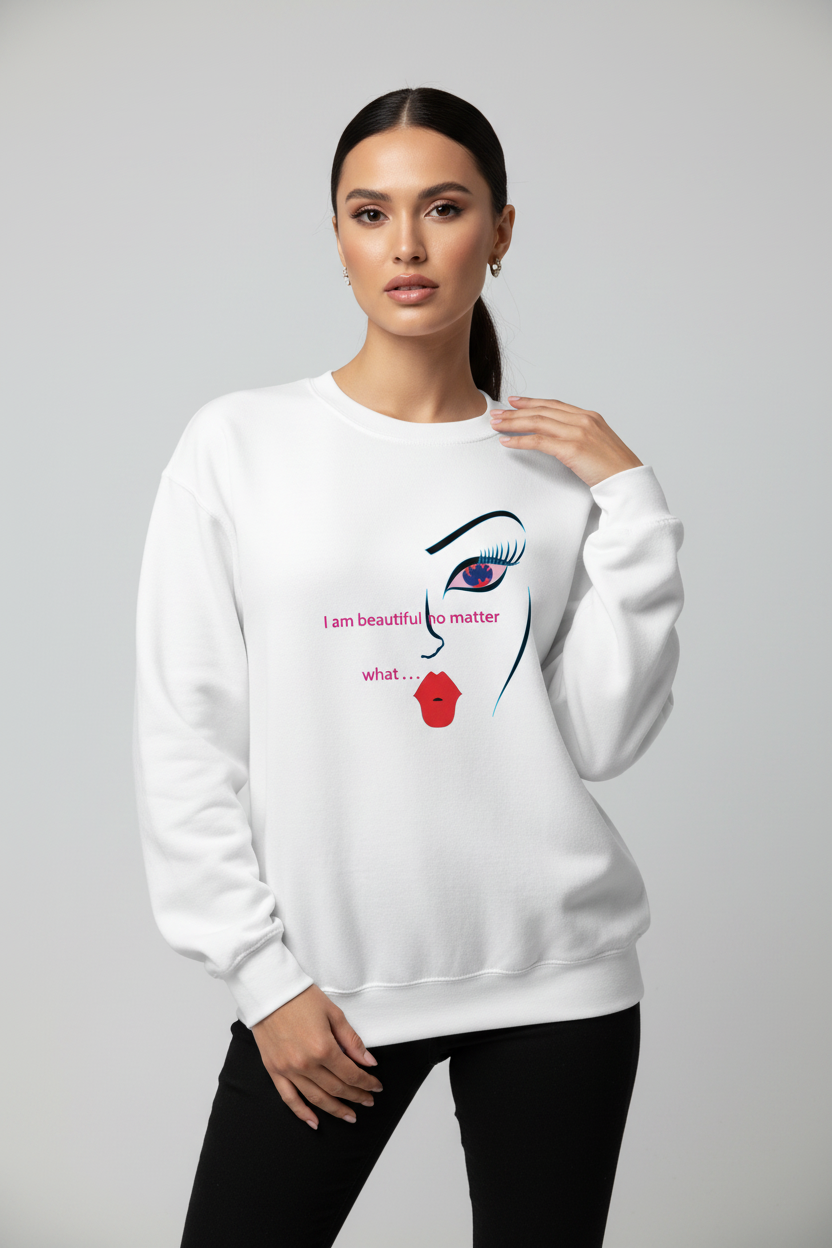 Woman wearing a white sweatshirt with a graphic design and text on a gray background