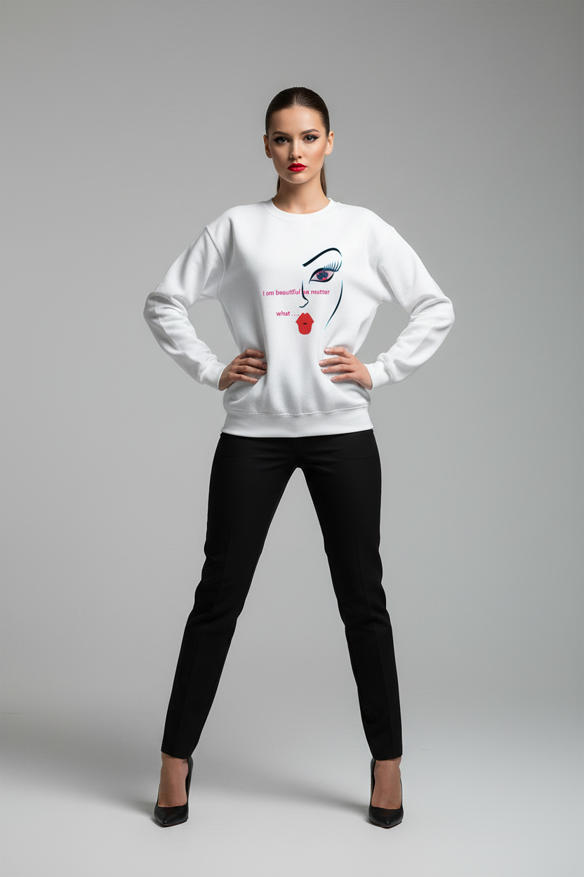 Woman wearing a white sweater with a graphic design on a gray background