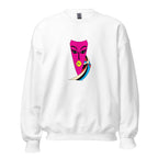 A white sweatshirt with a pink and blue abstract face art print on the front.
