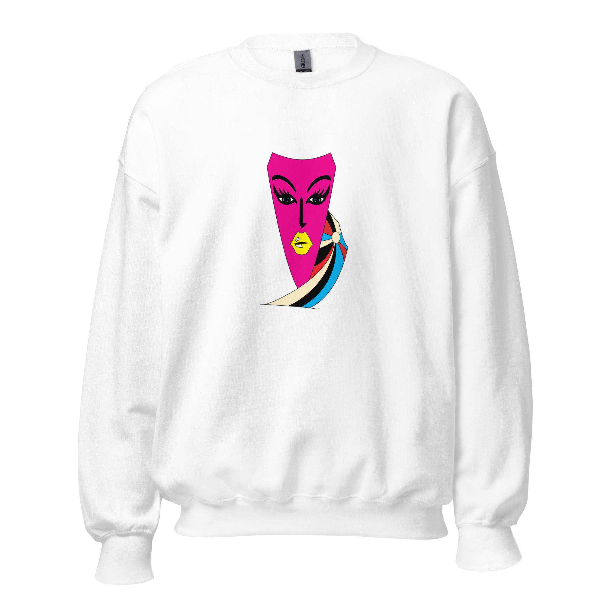 A white sweatshirt with a pink and blue abstract face art print on the front.