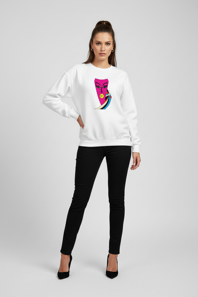 Woman wearing a white sweatshirt with a colorful graphic design on a plain background