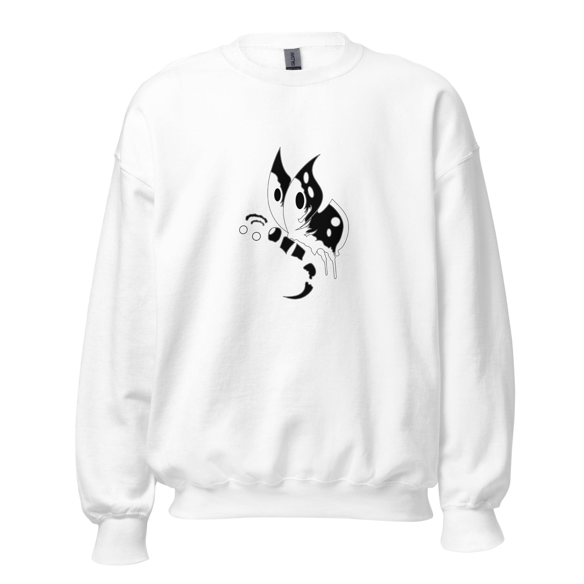 A white unisex sweatshirt with a graphic print of a butterfly on the front.