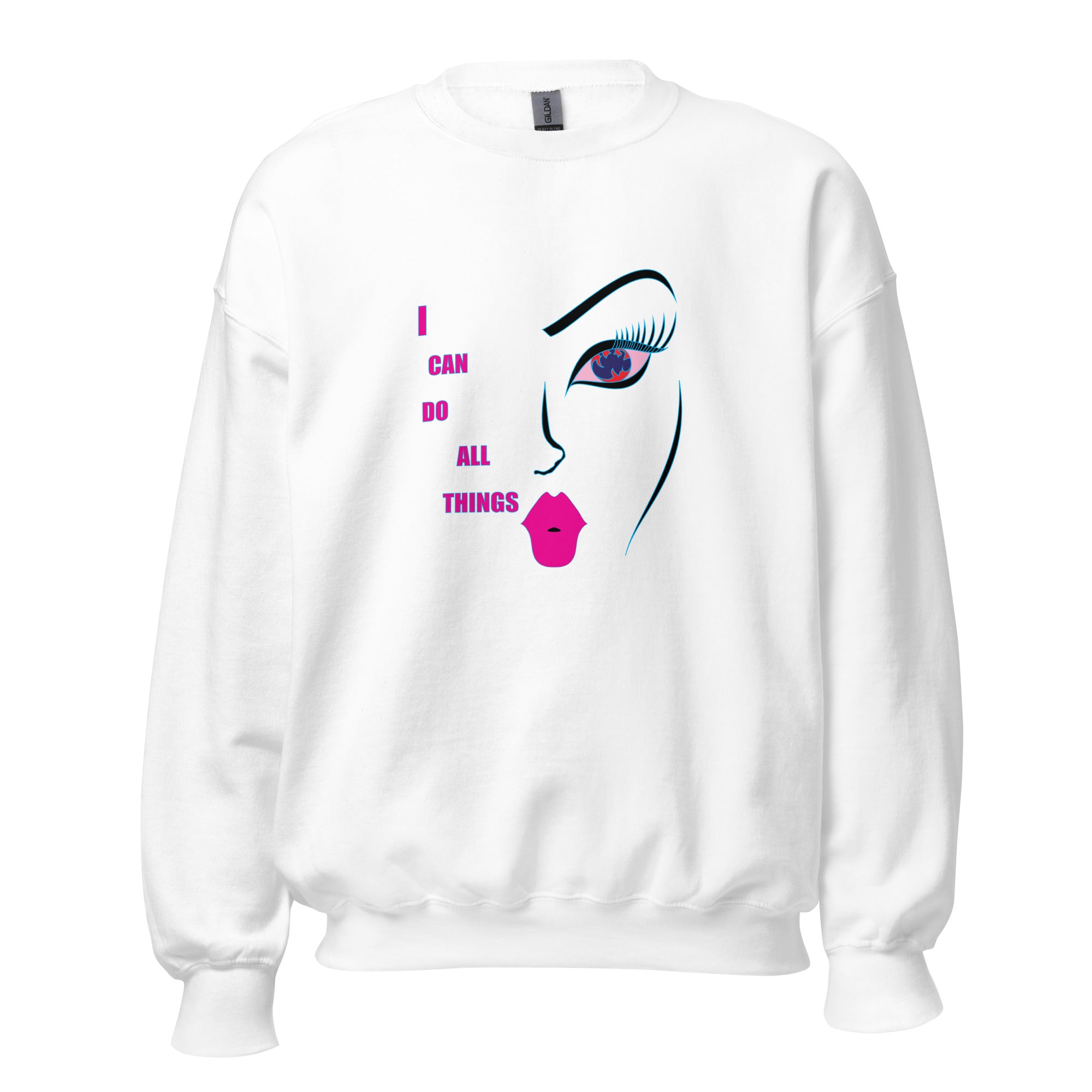 A white crew neck sweatshirt with a graphic design featuring the text 'I CAN DO ALL THINGS' and a stylized female face on the front.