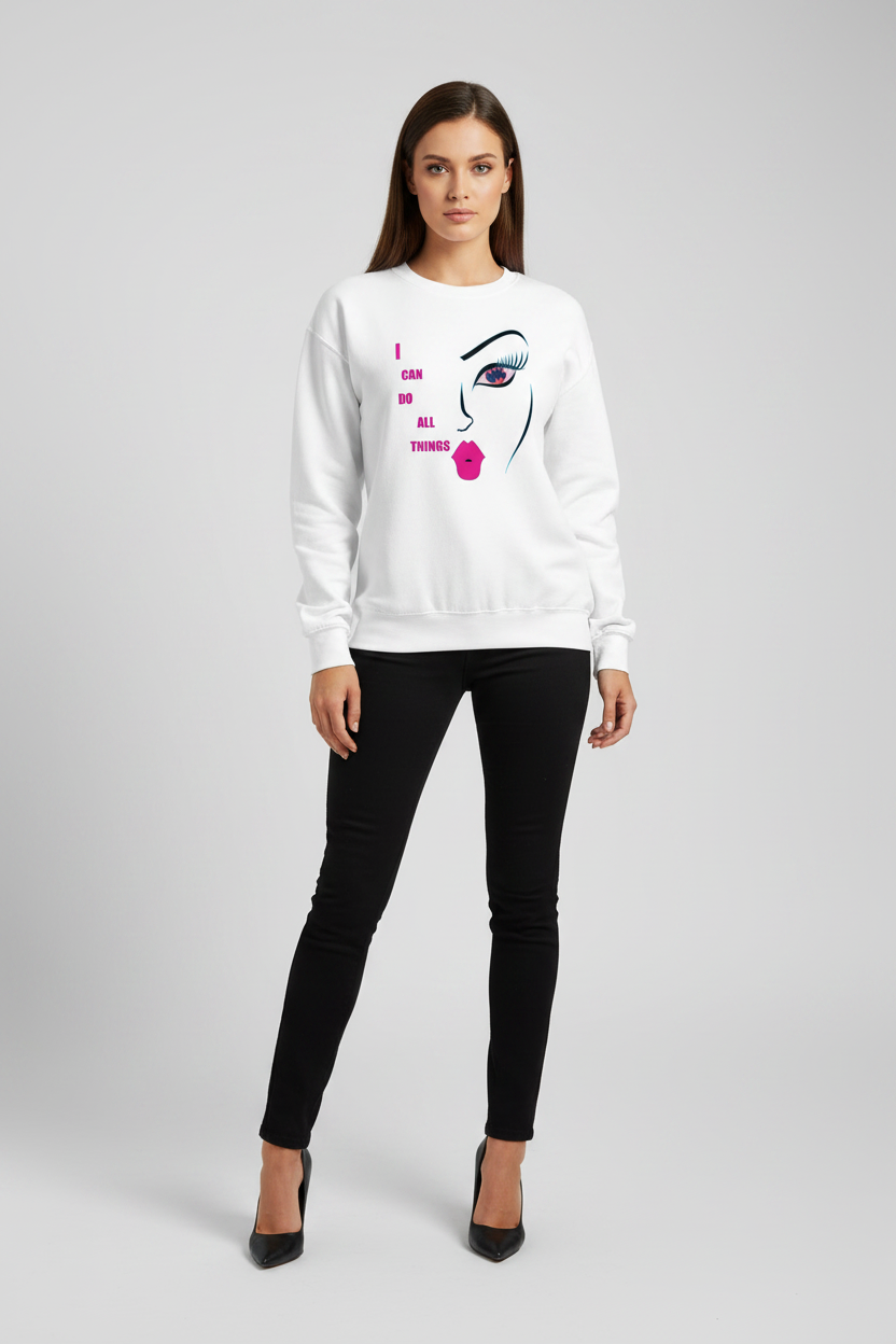 Woman wearing a white sweatshirt with a graphic design on a gray background