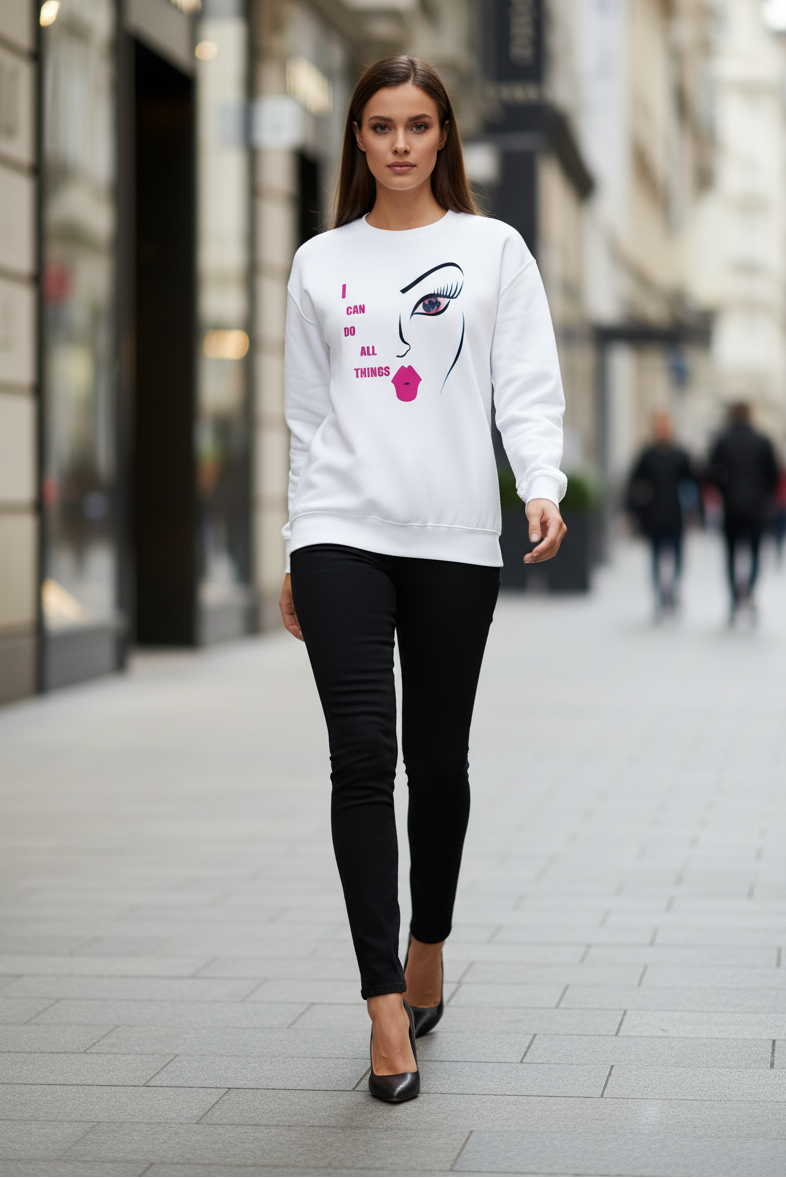 Woman wearing a white sweatshirt with a graphic design on a city street.