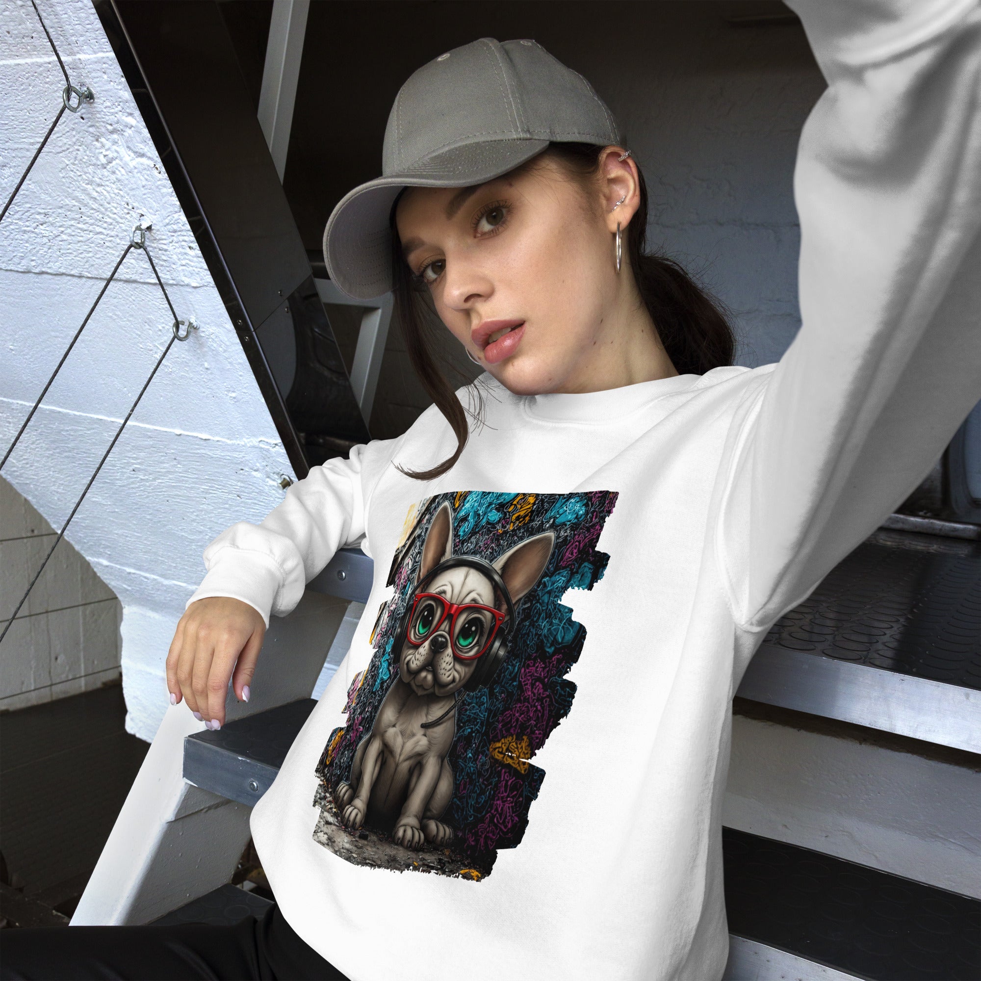 French bulldog DJ sweatshirt close-up graphic detail