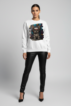 Woman wearing a white sweatshirt with a graphic design on a plain background