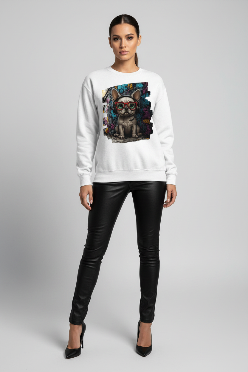 Woman wearing a white sweatshirt with a graphic design on a plain background