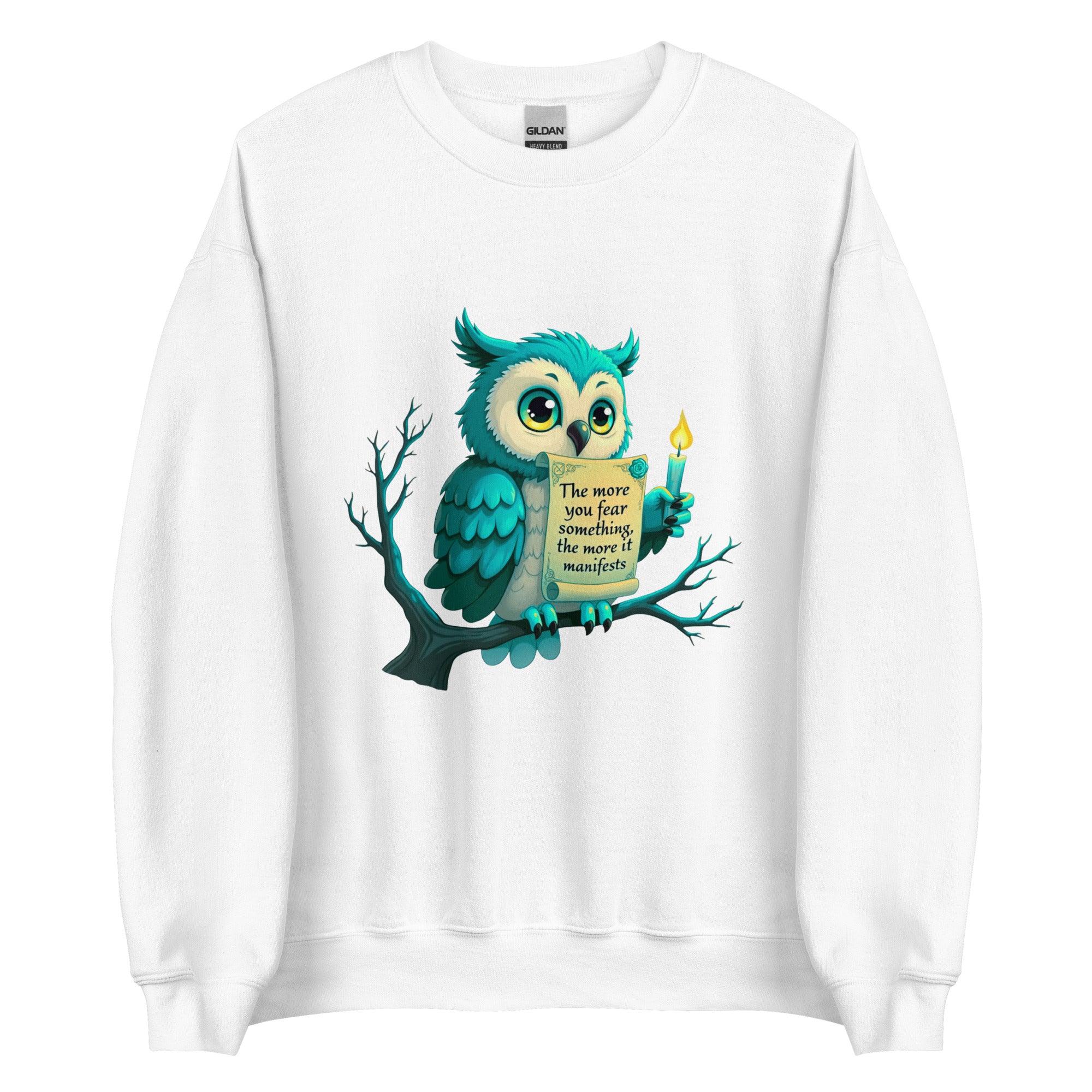 Cute teal owl character on a branch holding a yellow scroll for a hoodie design.