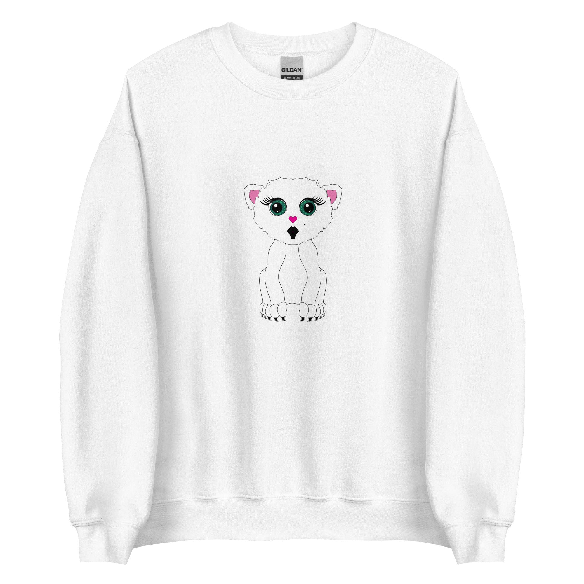 white kitten graphic with distinct long eyelashes and green eyes on black fabric.