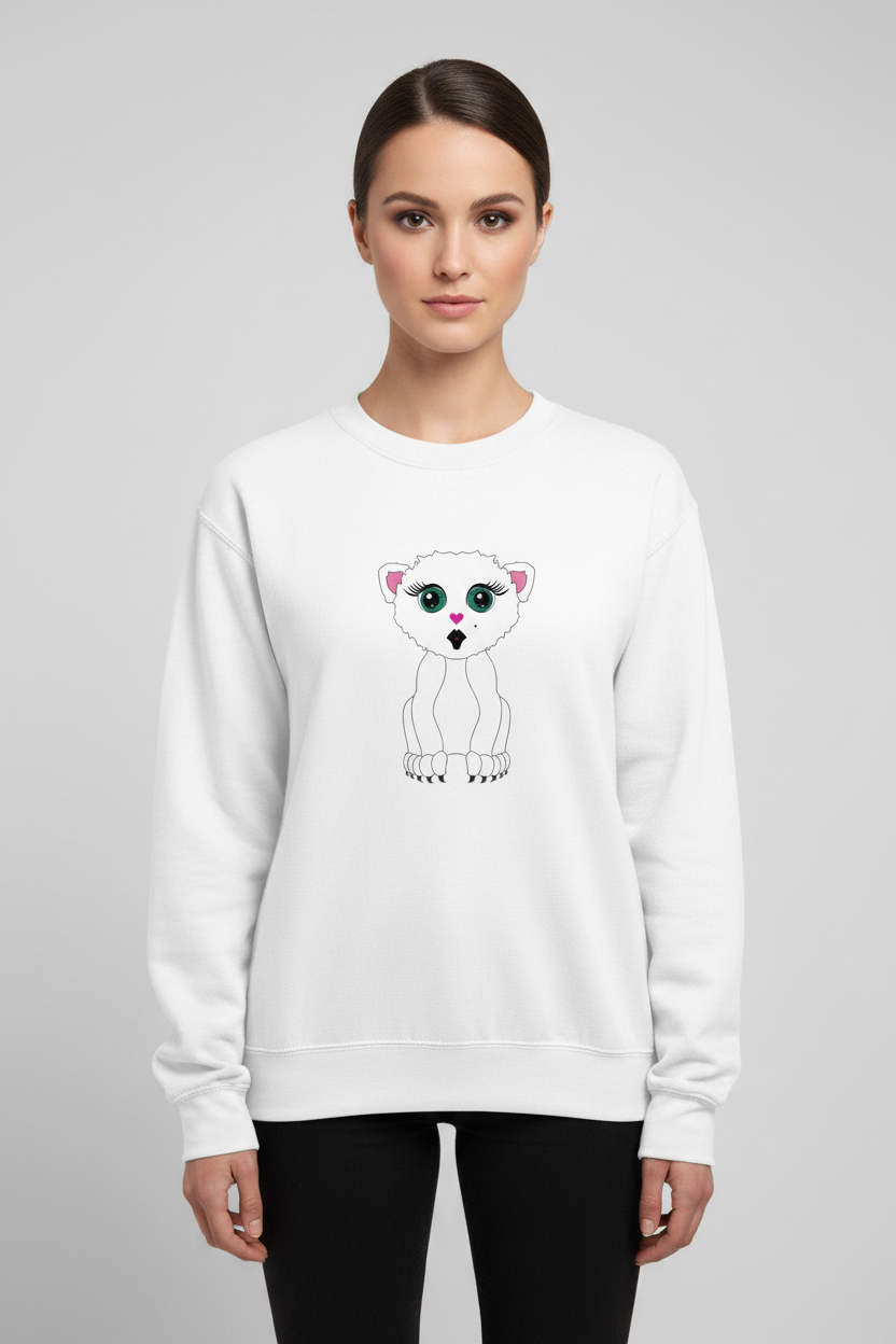 Woman wearing a white sweatshirt with a cartoon polar bear design on a gray background