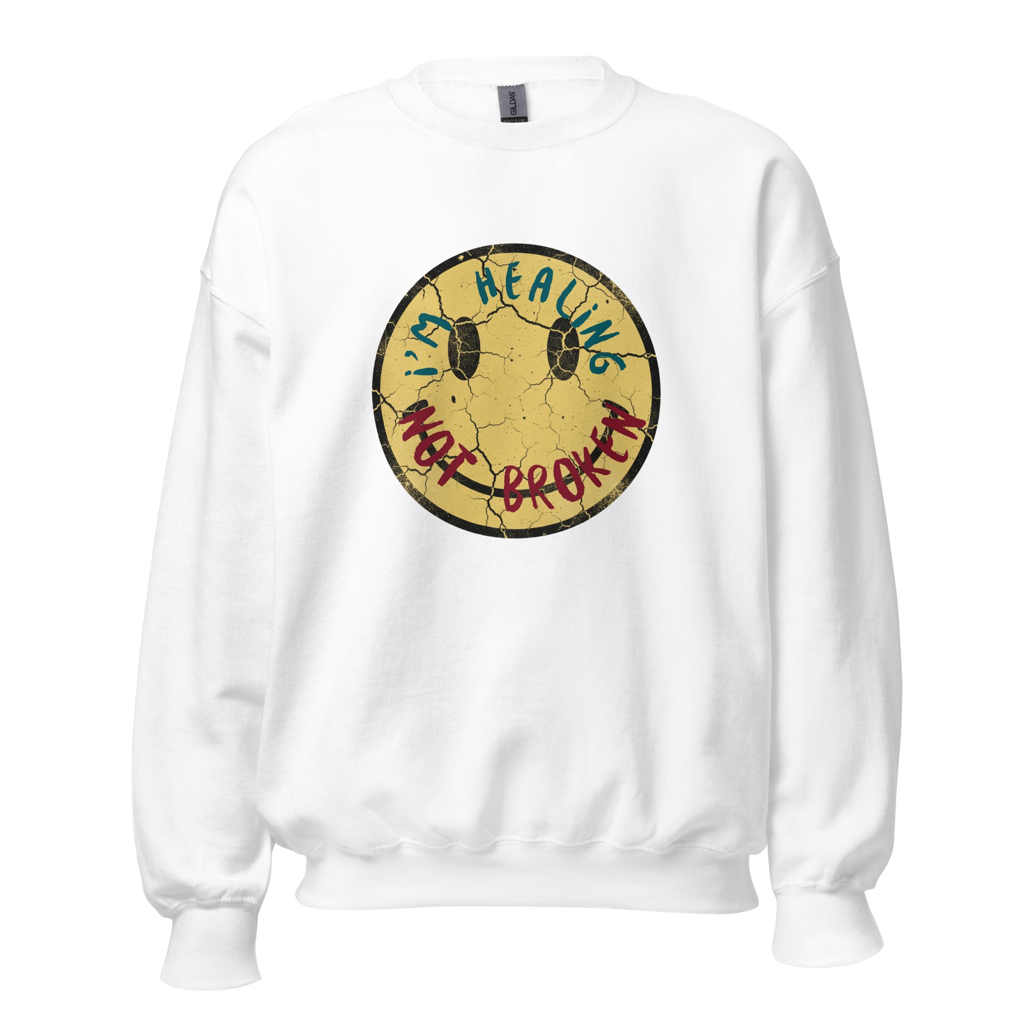 White sweatshirt with a circular graphic design on a white background
