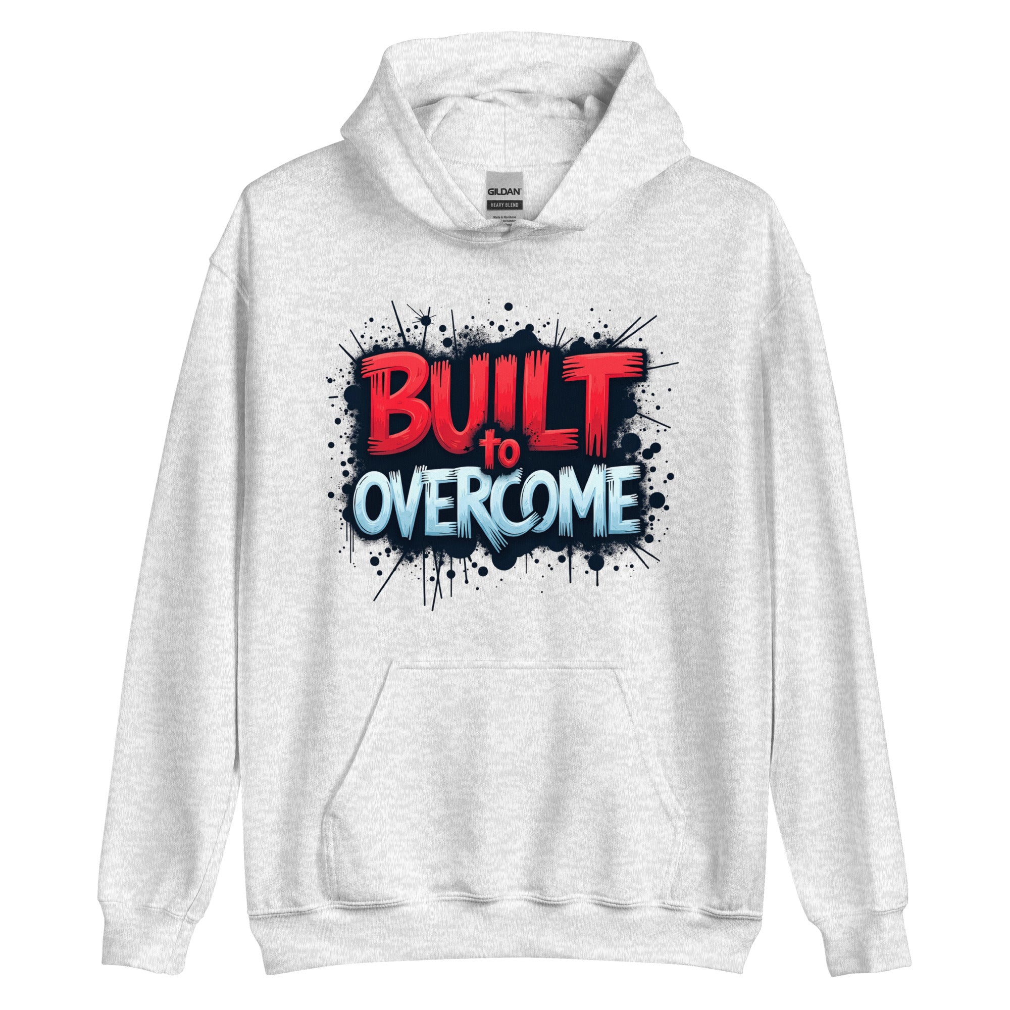 Built to Overcome unisex hoodie front view inspirational design