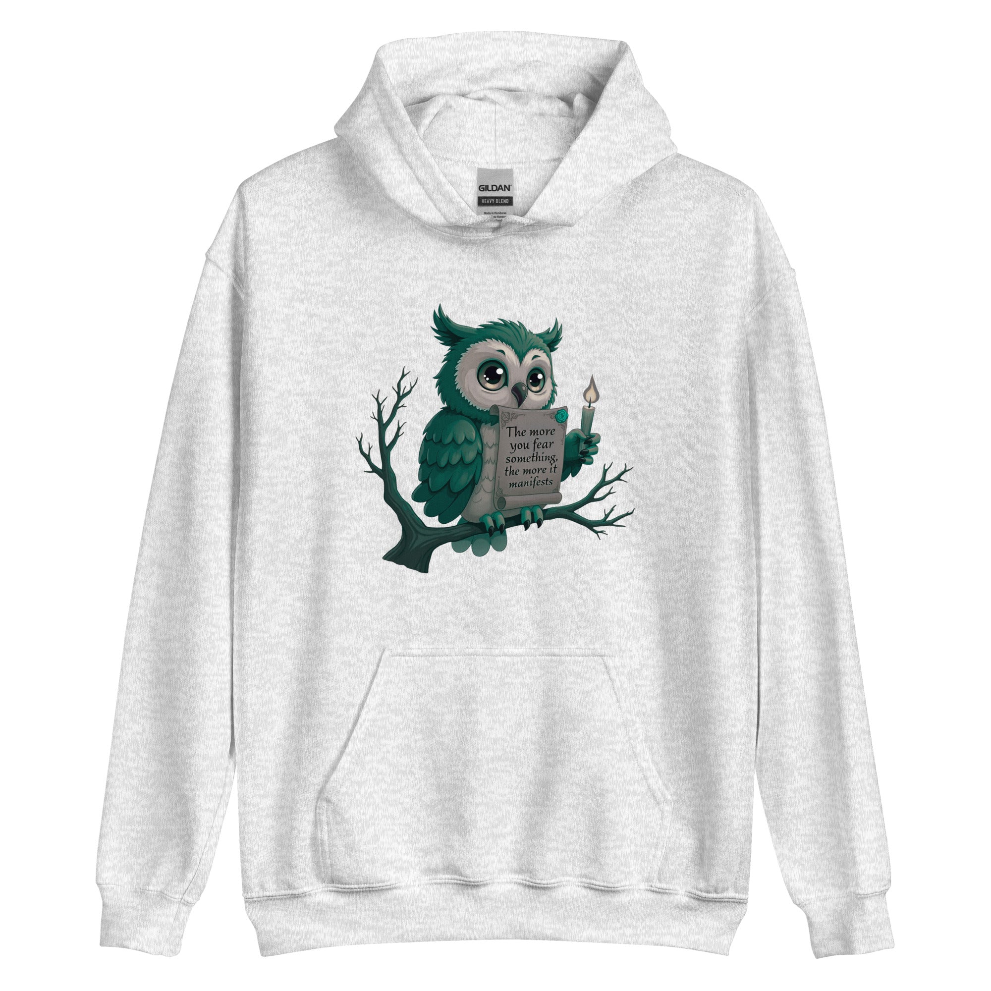 Front view of black unisex heavy blend hoodie with a white owl motivating graphic.