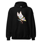 A black hoodie with a colorful butterfly graphic on the front.
