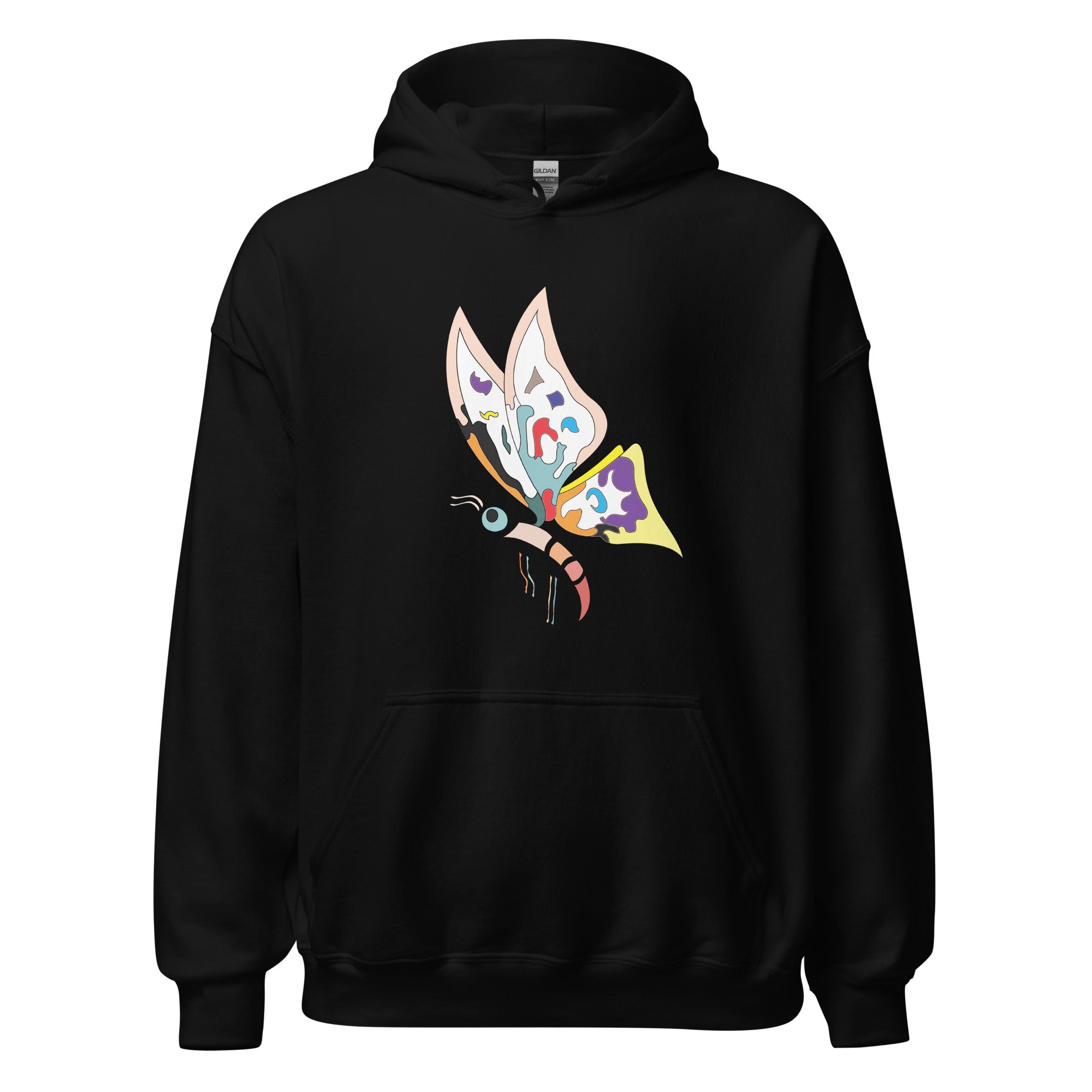 A black hoodie with a colorful butterfly graphic on the front.