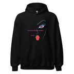 Hoodie with a unique graphic of an eye and red lips, accompanied by self-love text.