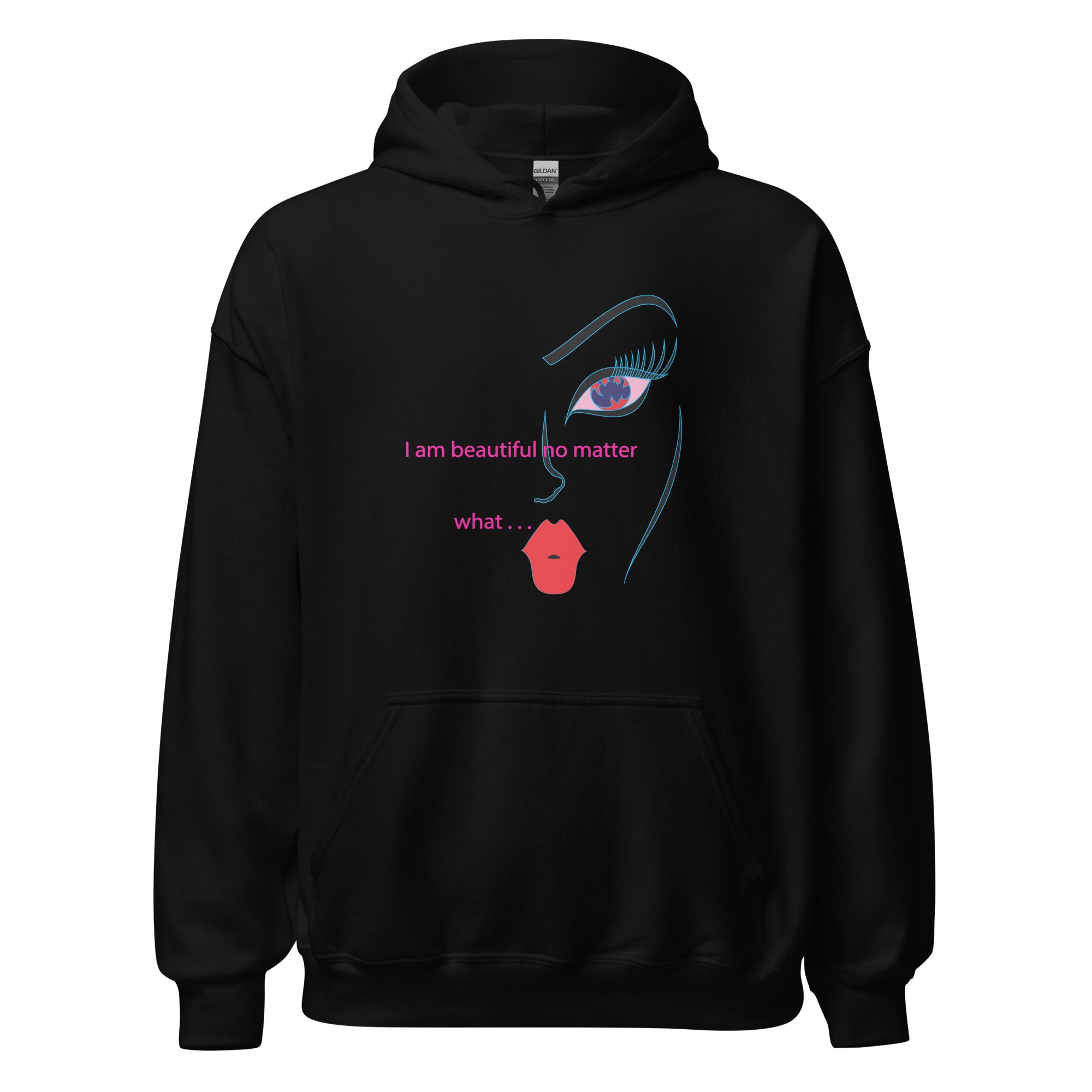 Hoodie with a unique graphic of an eye and red lips, accompanied by self-love text.
