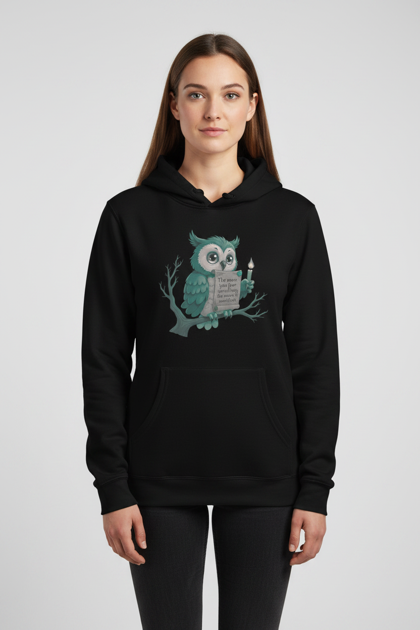 Person wearing a black hoodie with an owl design on a plain background