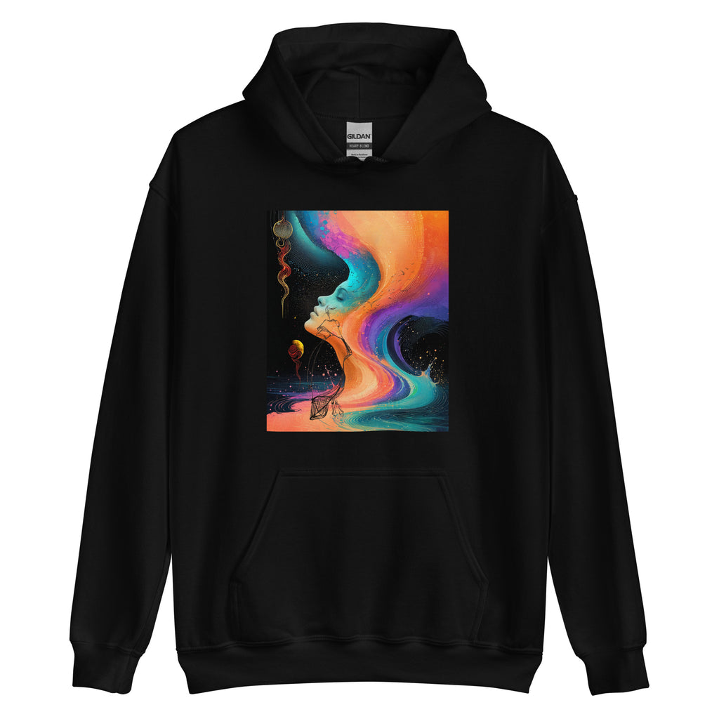 Black hoodie with vibrant abstract colour flow design representing inner emotion and creativity