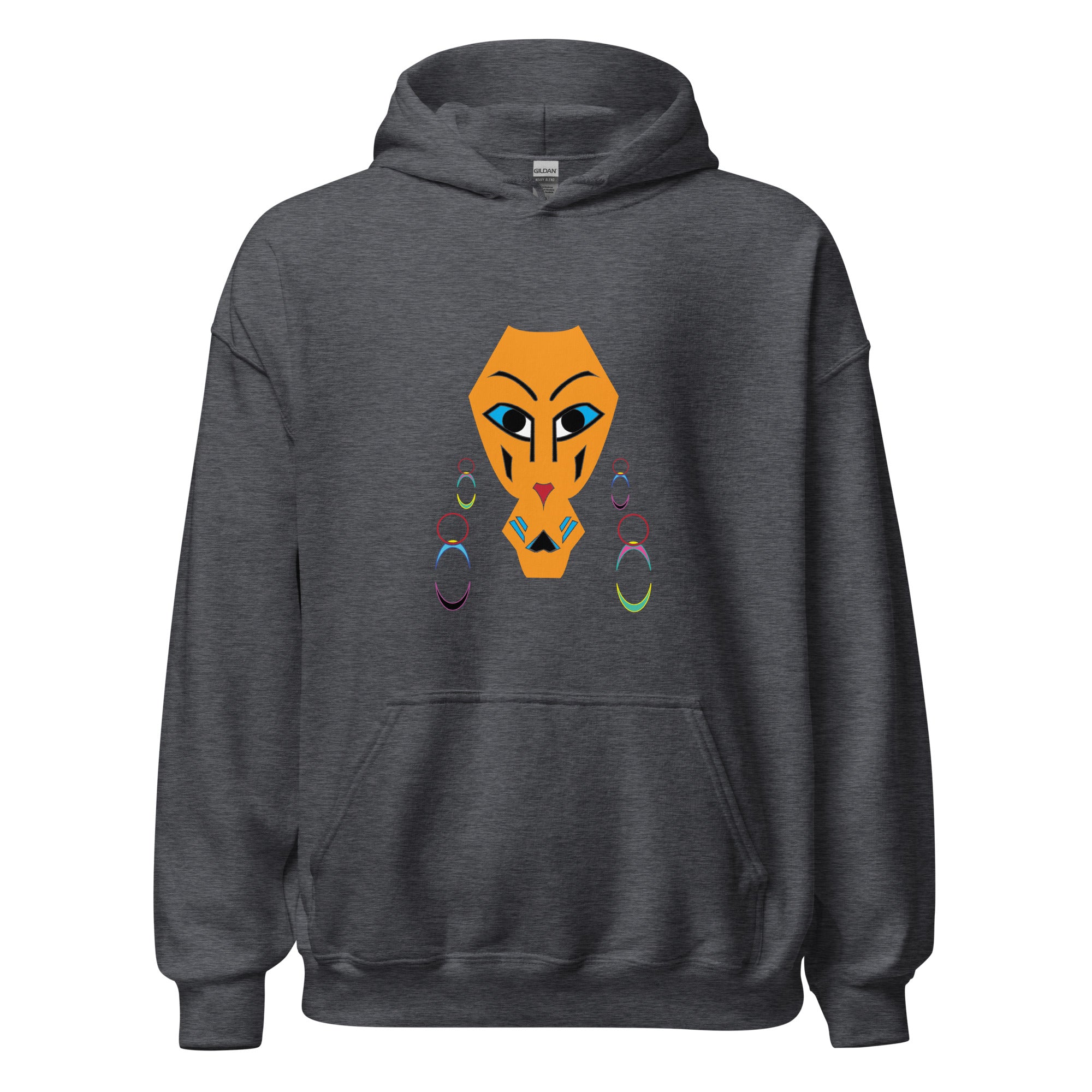 A gray hoodie with a graphic print of an eye and geometric shapes on the front.