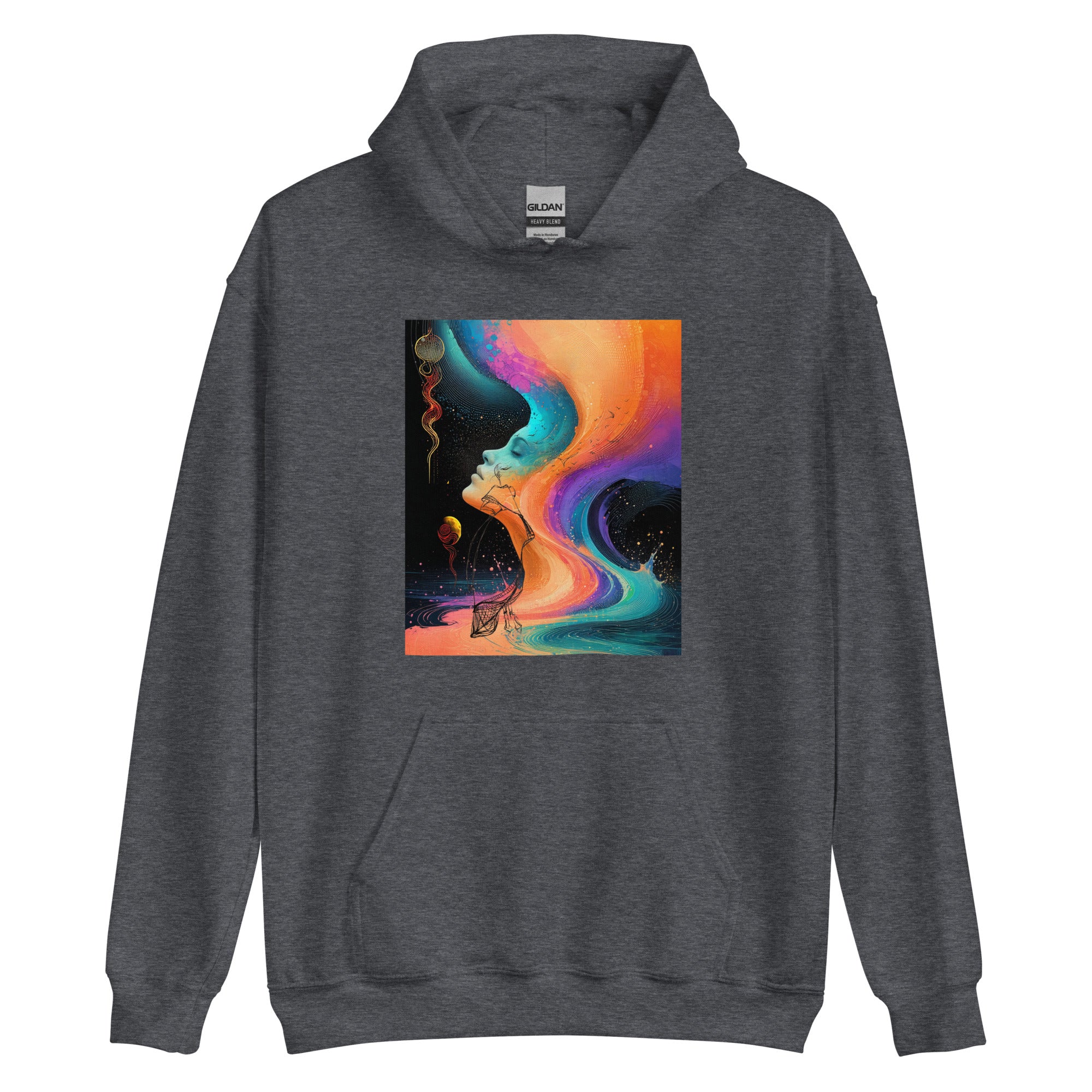 Minimalist black hoodie with bold artistic colour splash design in smooth flowing pattern