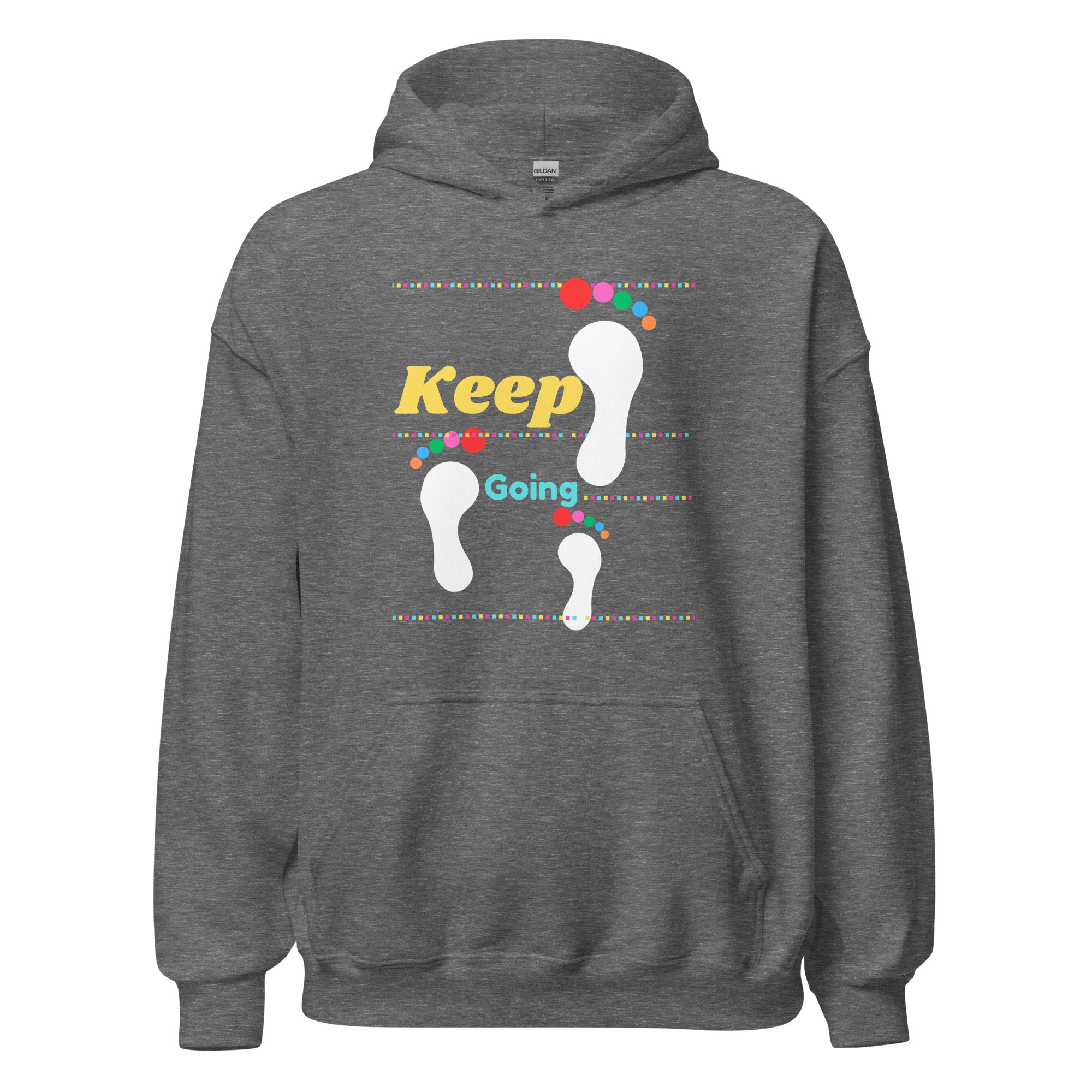 Inspirational apparel: a detail view of the 'Keep Going' text on the garment