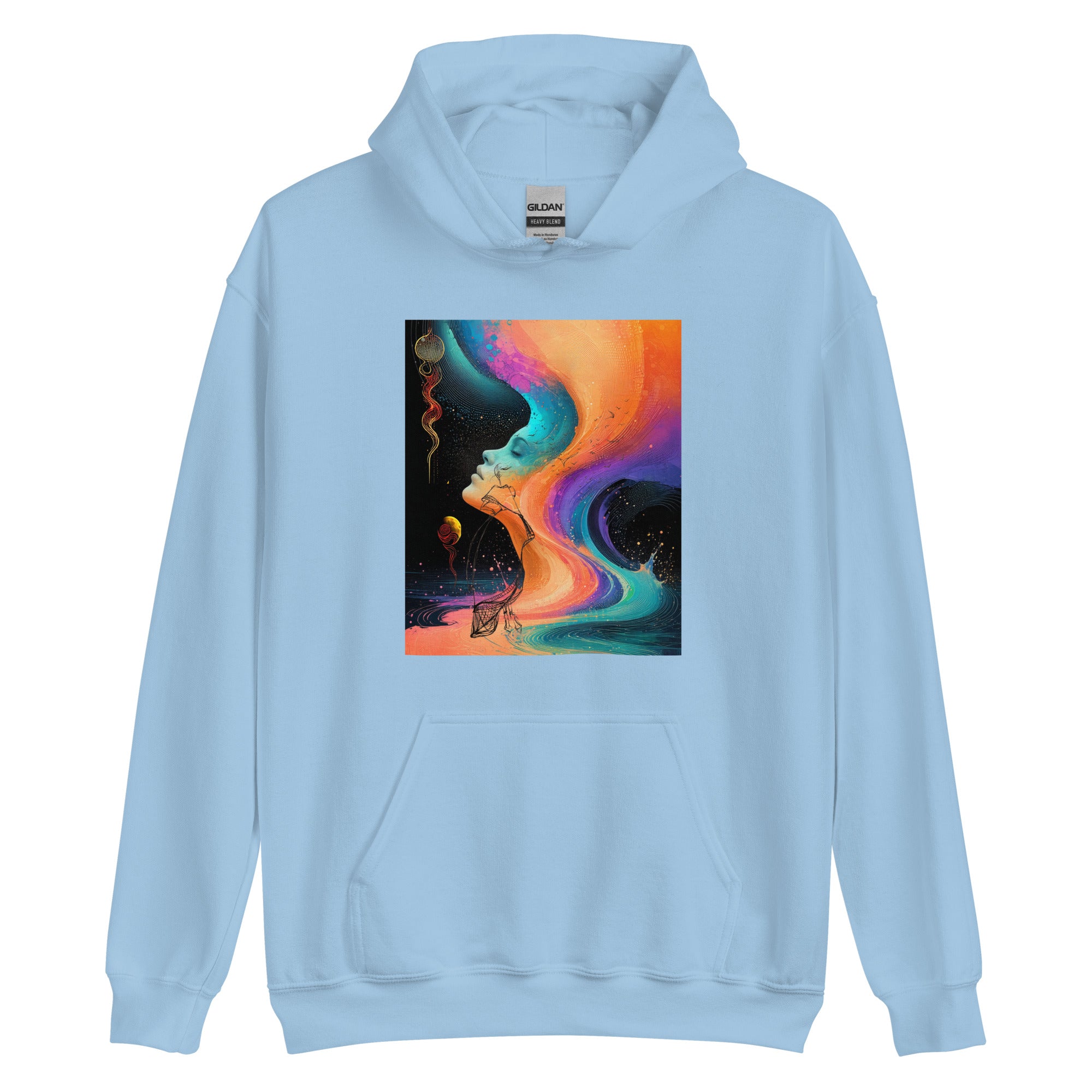 Creative streetwear hoodie with colourful artistic design representing balance and energy