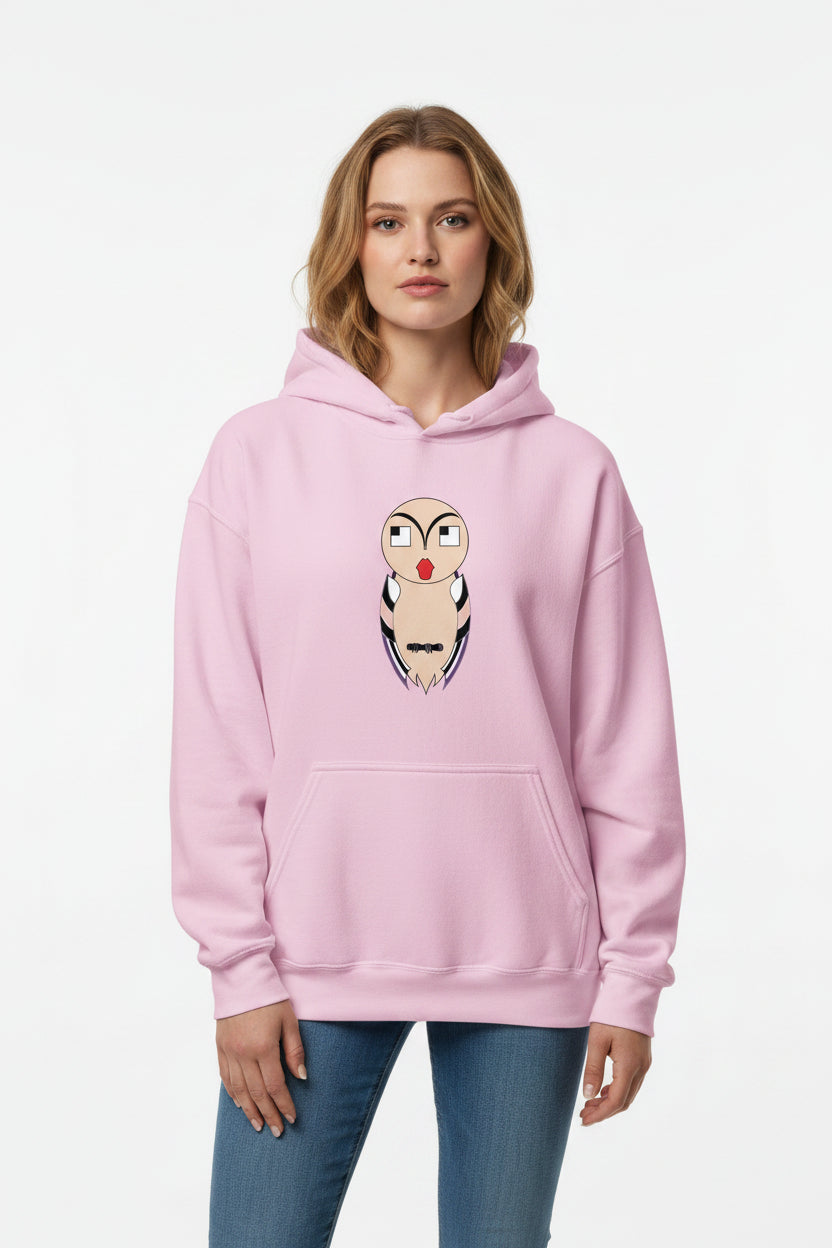 Woman wearing a pink hoodie with a graphic design on a white background