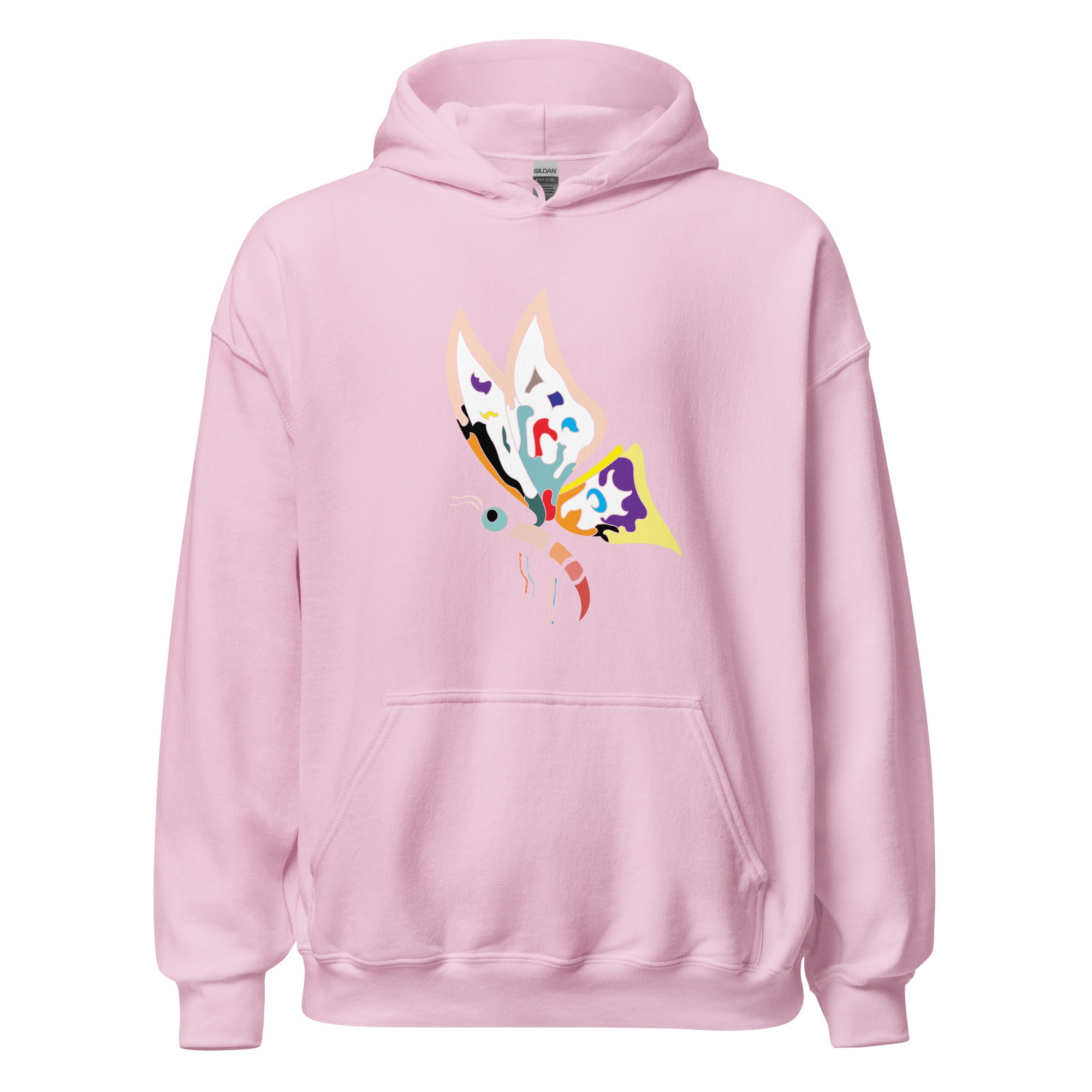 A pink women's hoodie with a colorful butterfly graphic on the front.