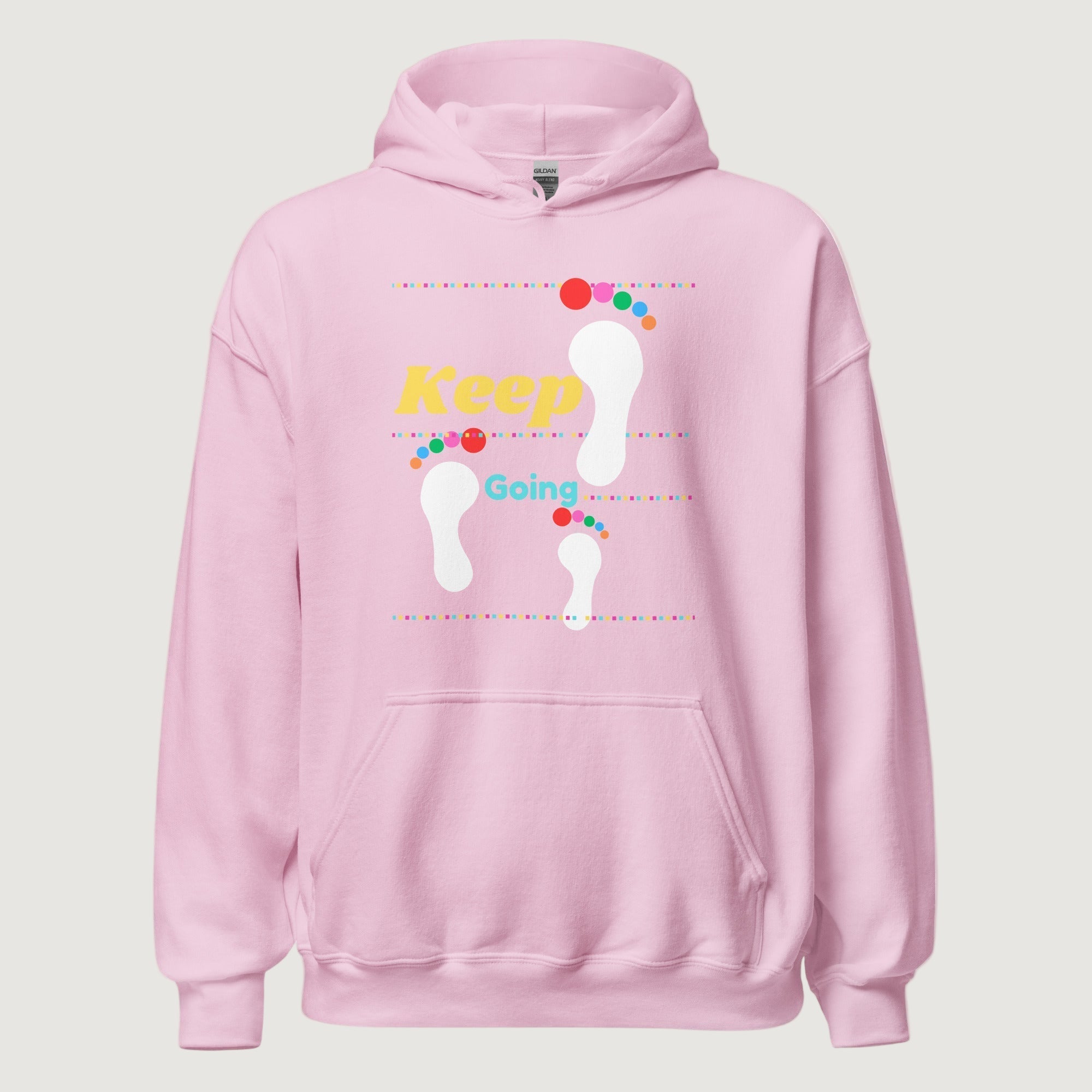 Pink hoodie with footprints and 'Keep Going' text on a white background street style 