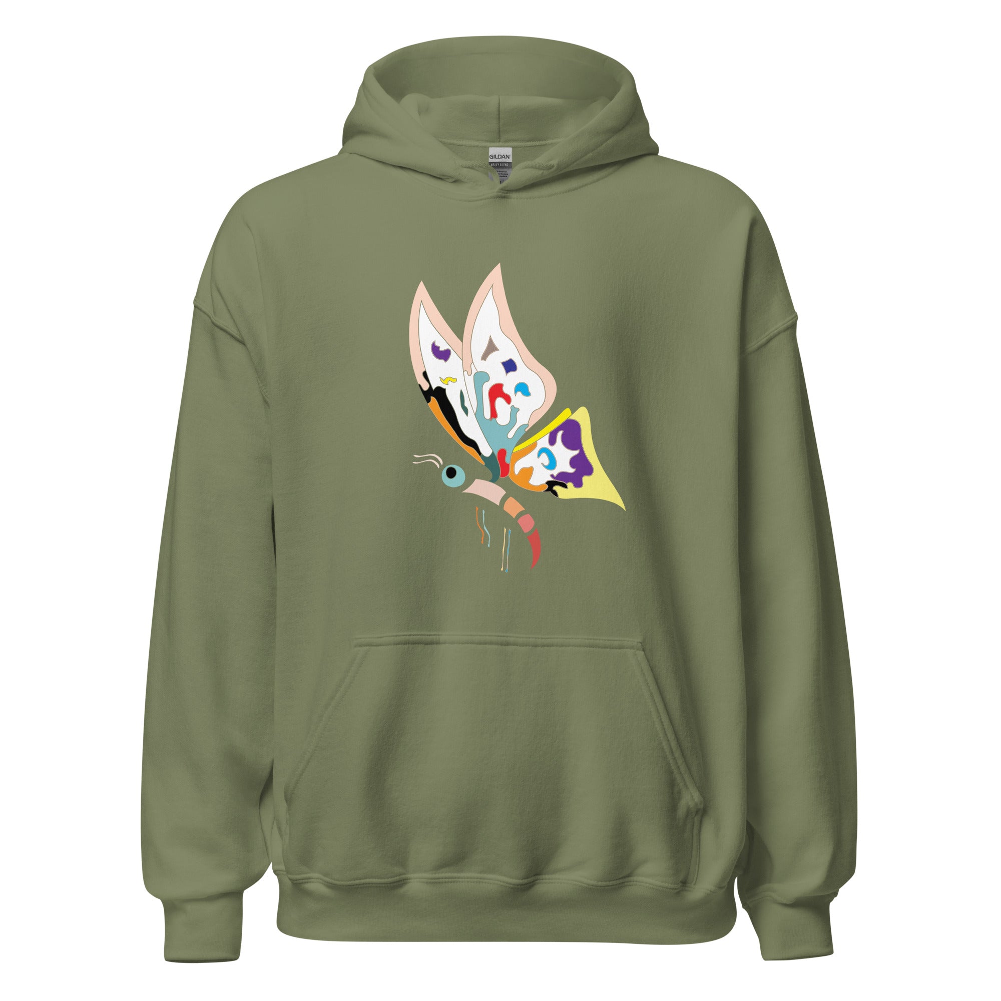 A green women's hoodie with a colorful butterfly graphic on the back. The hoodie has a relaxed fit and features a double-lined hood with a matching drawcord.
