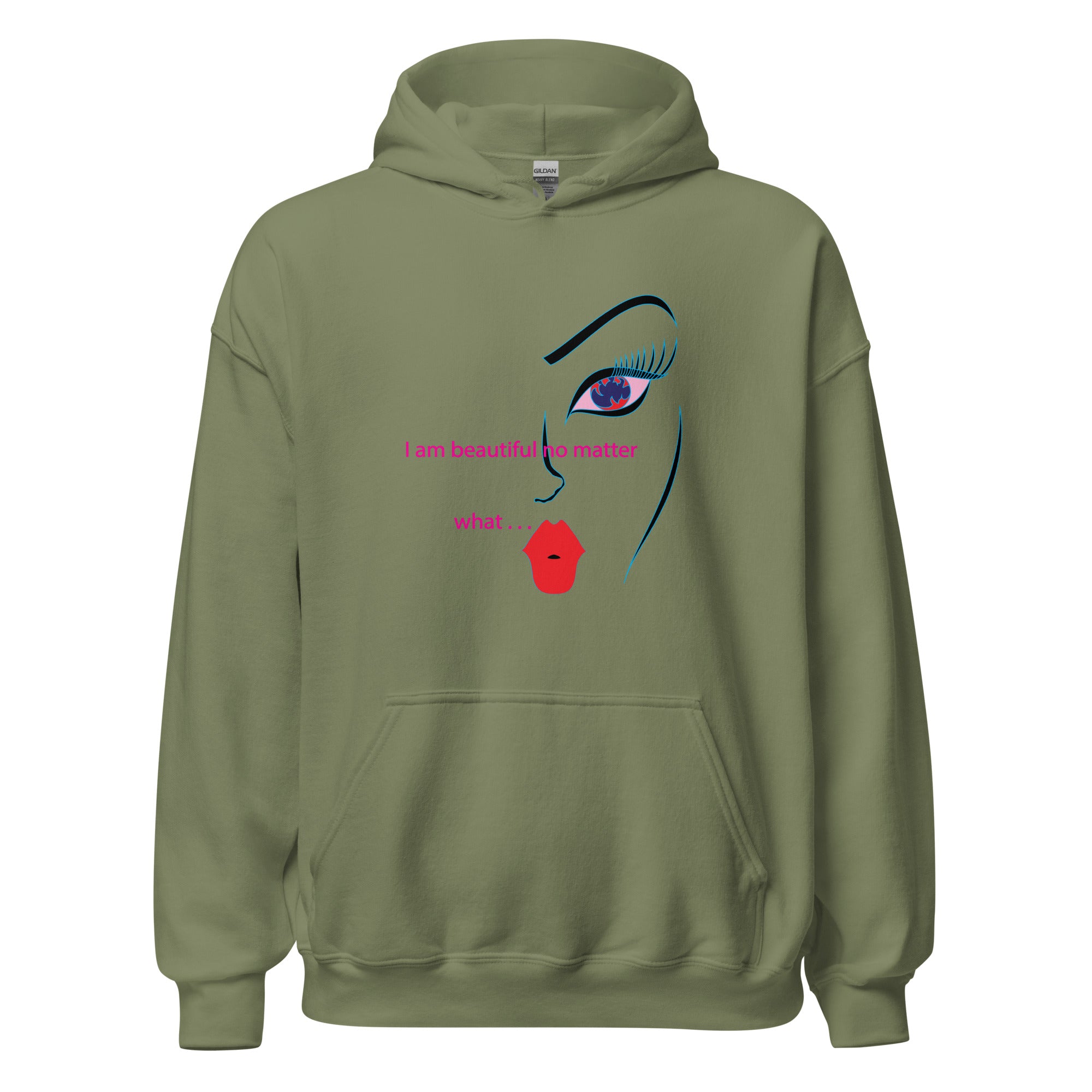 Green hoodie with a graphic print of a woman's face with a colorful lipstick mark and the text 'I AM BEAUTIFUL NO MATTER WHAT' on the front.