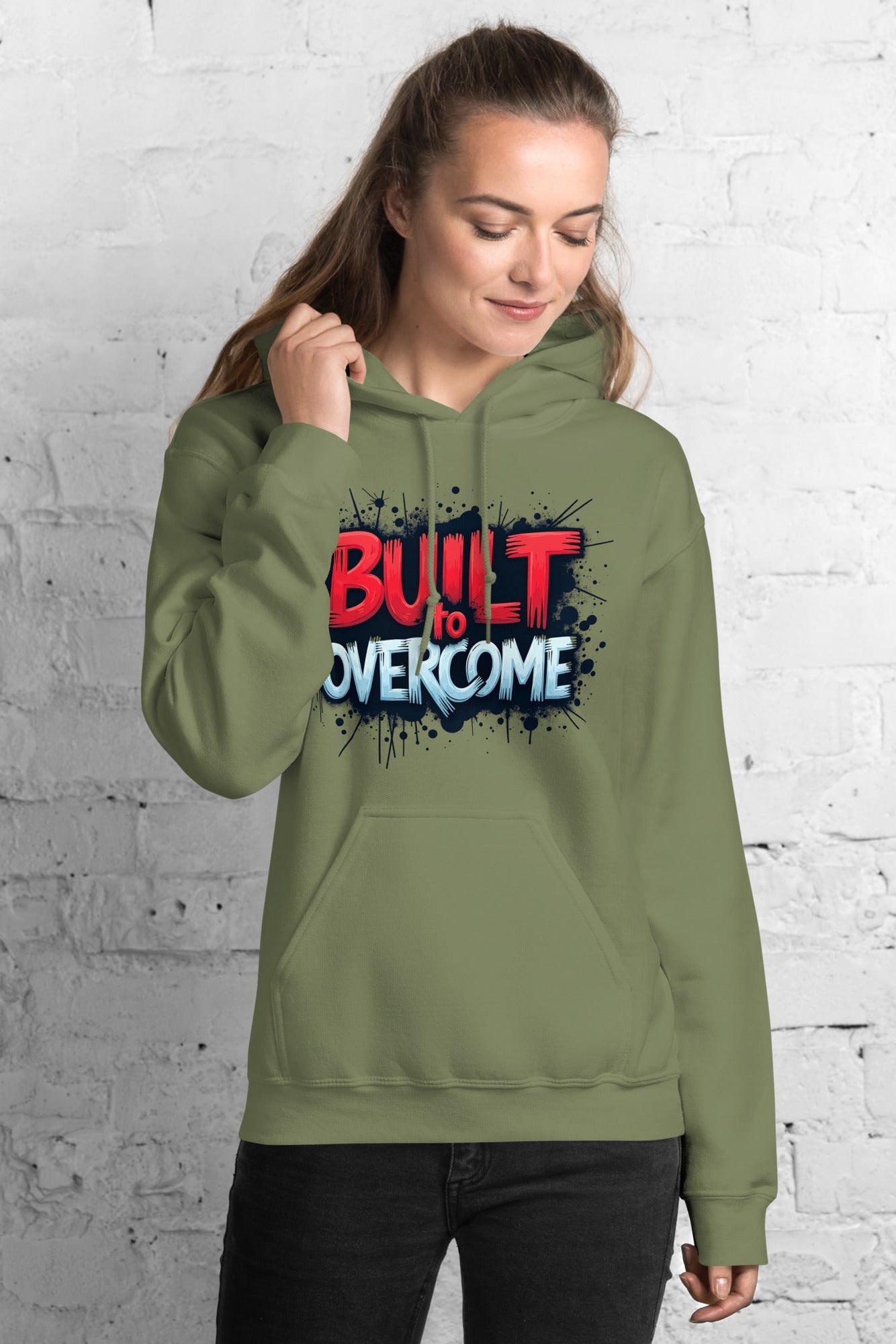 Built to Overcome hoodie worn casually indoors