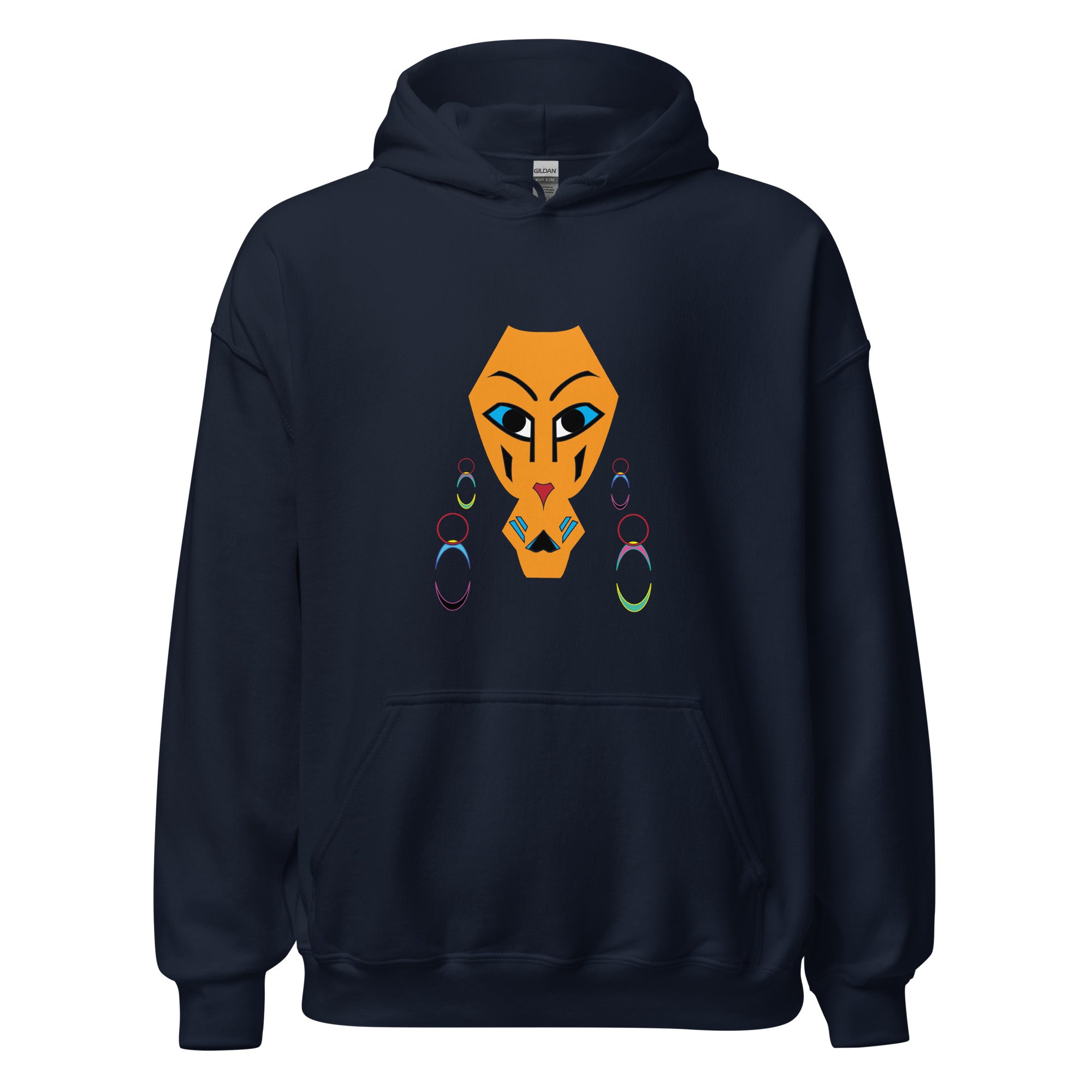 A navy blue hoodie with a graphic print of an eye and geometric patterns on the front.