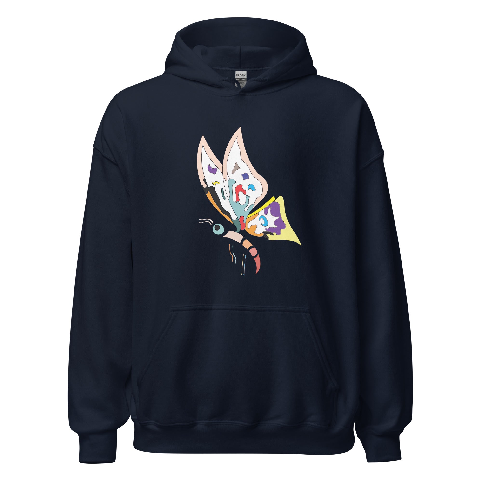 A navy blue hoodie with a colorful butterfly graphic on the front.