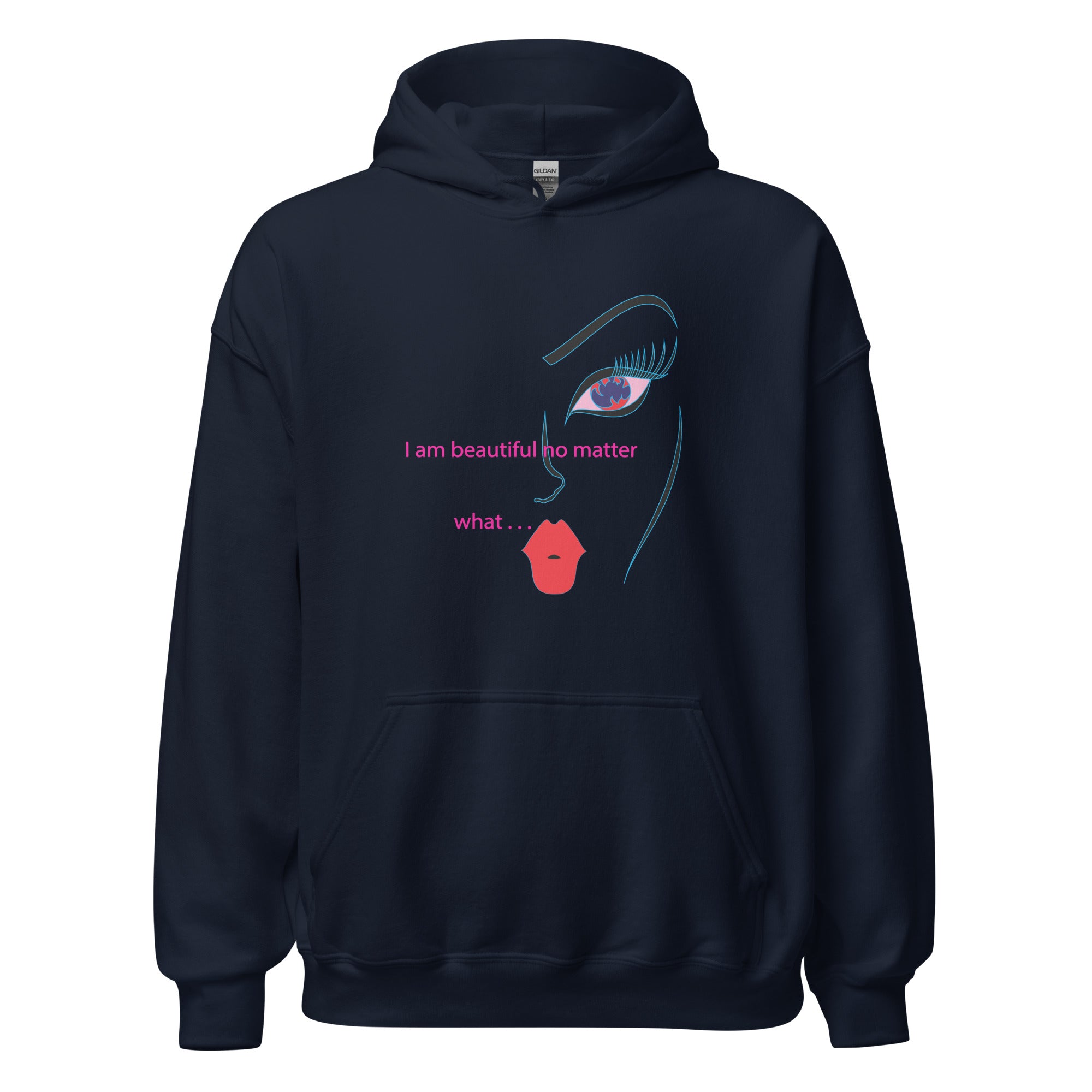 Close-up of a white hoodie featuring a distinct face illustration and inspiring text.

