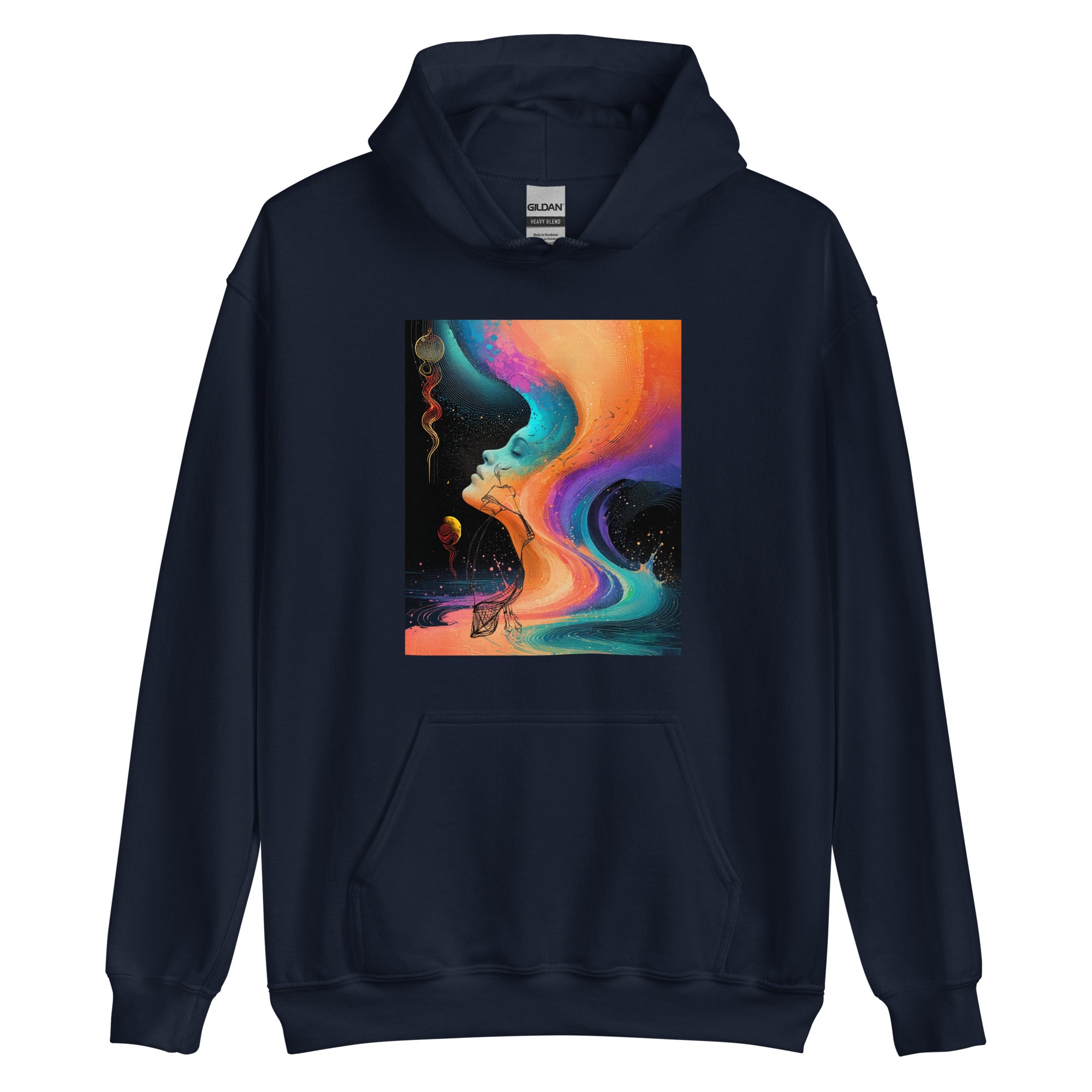 Navy hoodie with expressive abstract art print inspired by creativity and emotional depth