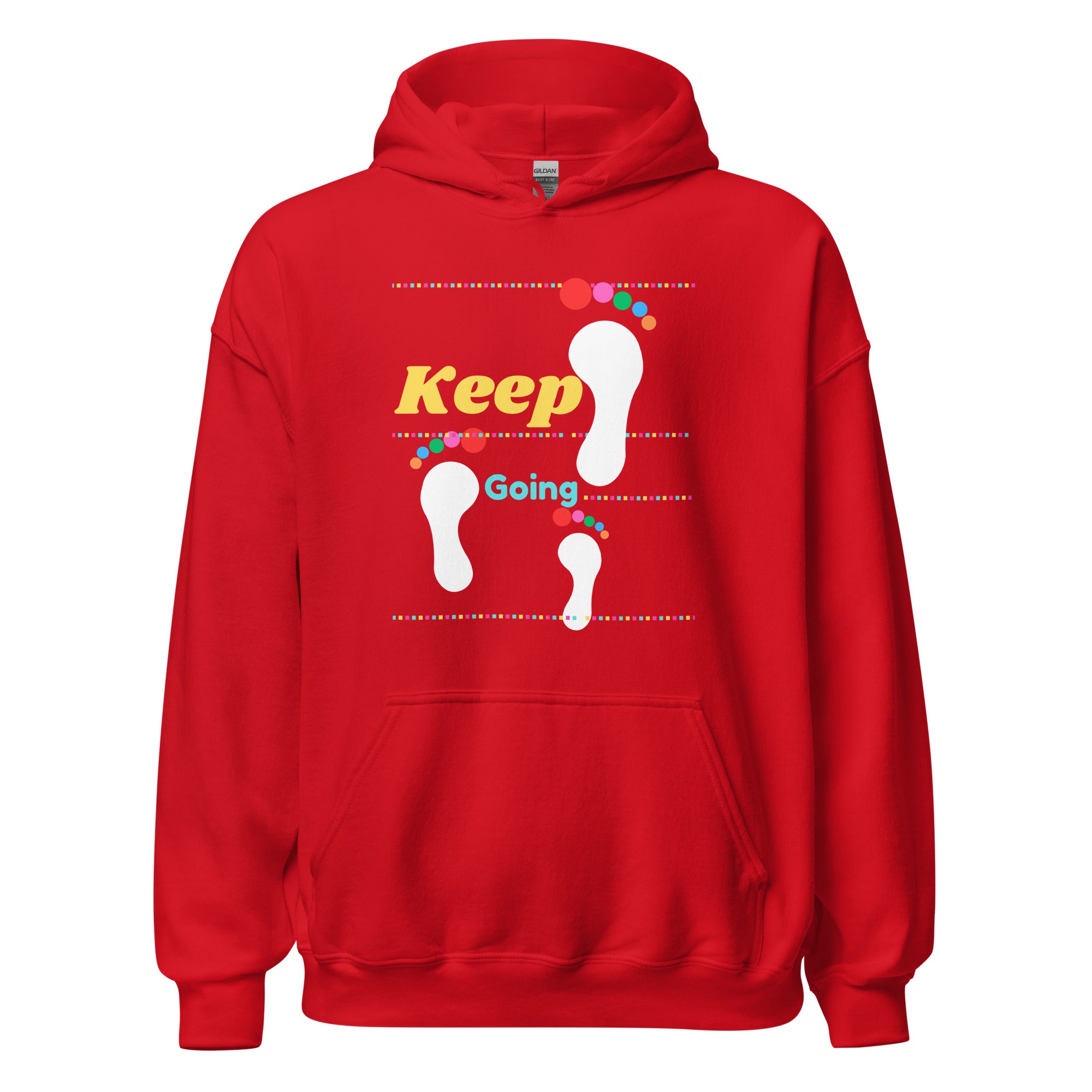 Red hoodie with 'Keep Going' text and footprints on a white background