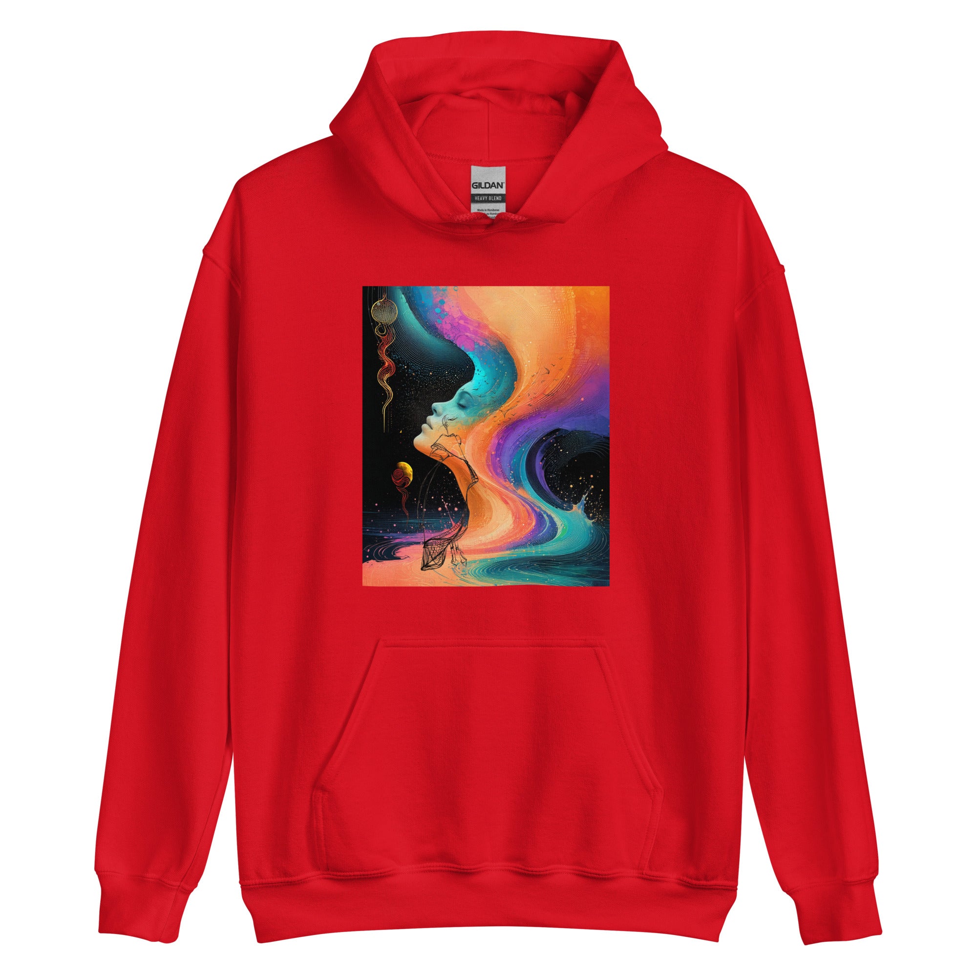 Stylish black hoodie featuring fluid rainbow-inspired abstract artwork on chest