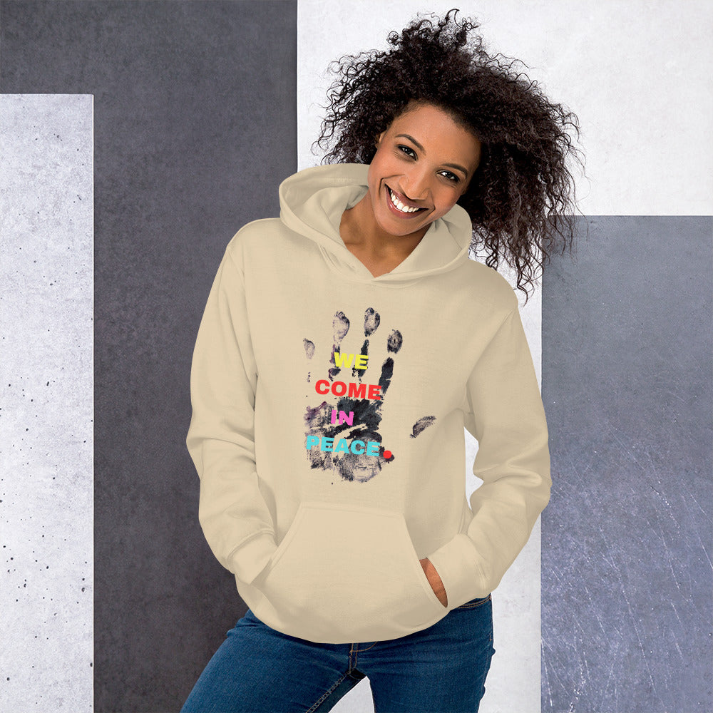 We Come in Peace typography hoodie detail