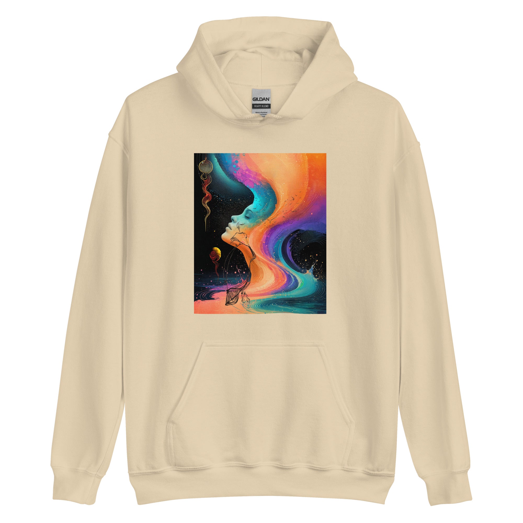 Fashion-forward hoodie with bold colourful artwork on classic sand base