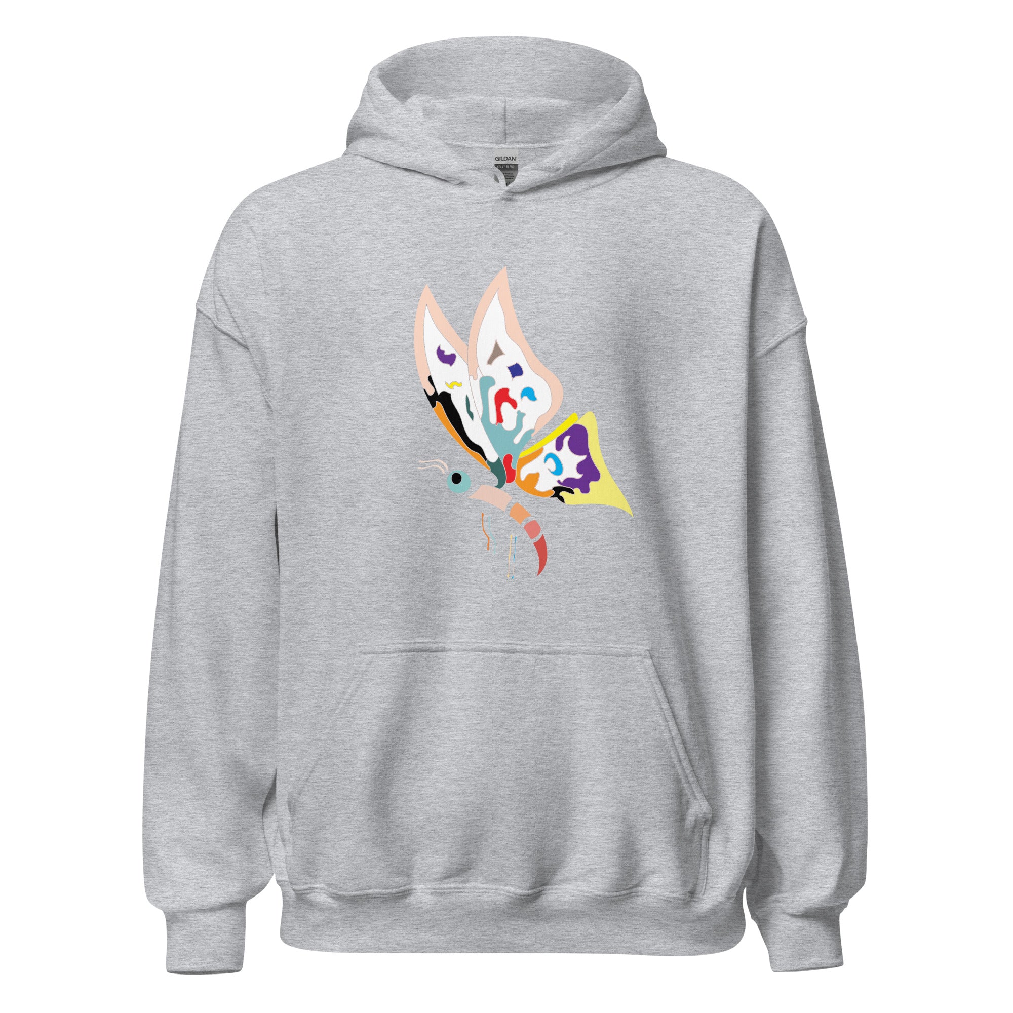 A gray hoodie with a colorful butterfly graphic on the front.