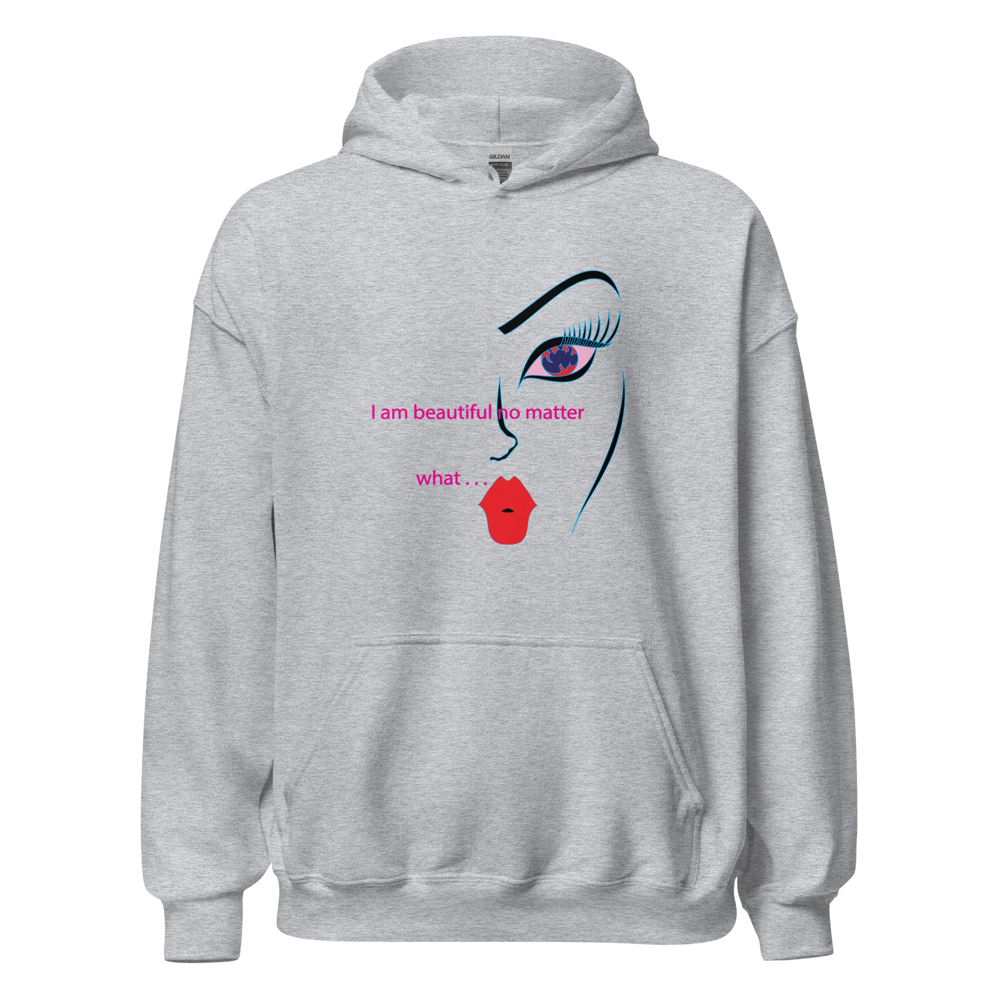 Artistic hoodie with a minimalist illustration of an eye and lips, plus a motivational quote.