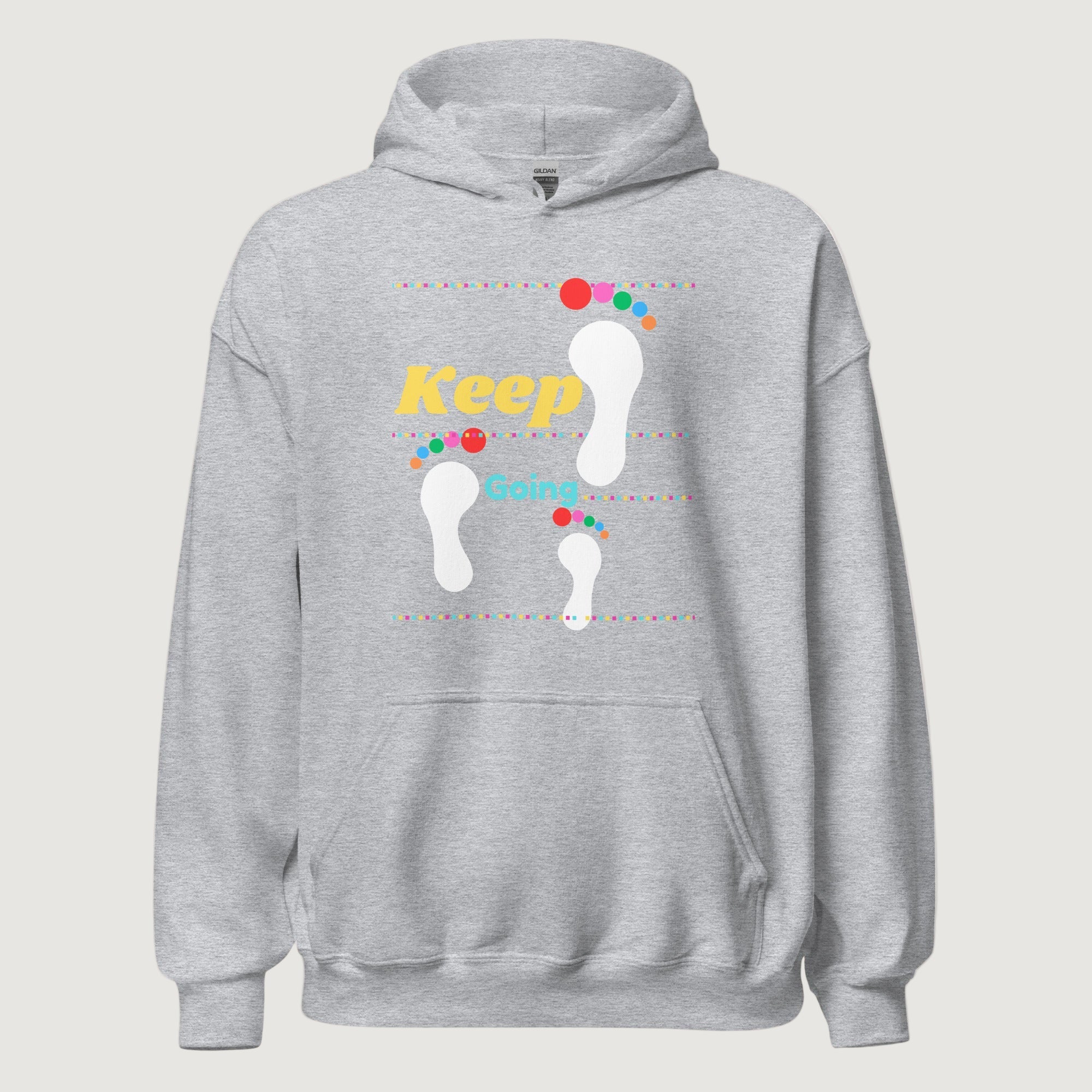 Close-up of the Keep Going graphic print on the center chest of the pullover hoodie