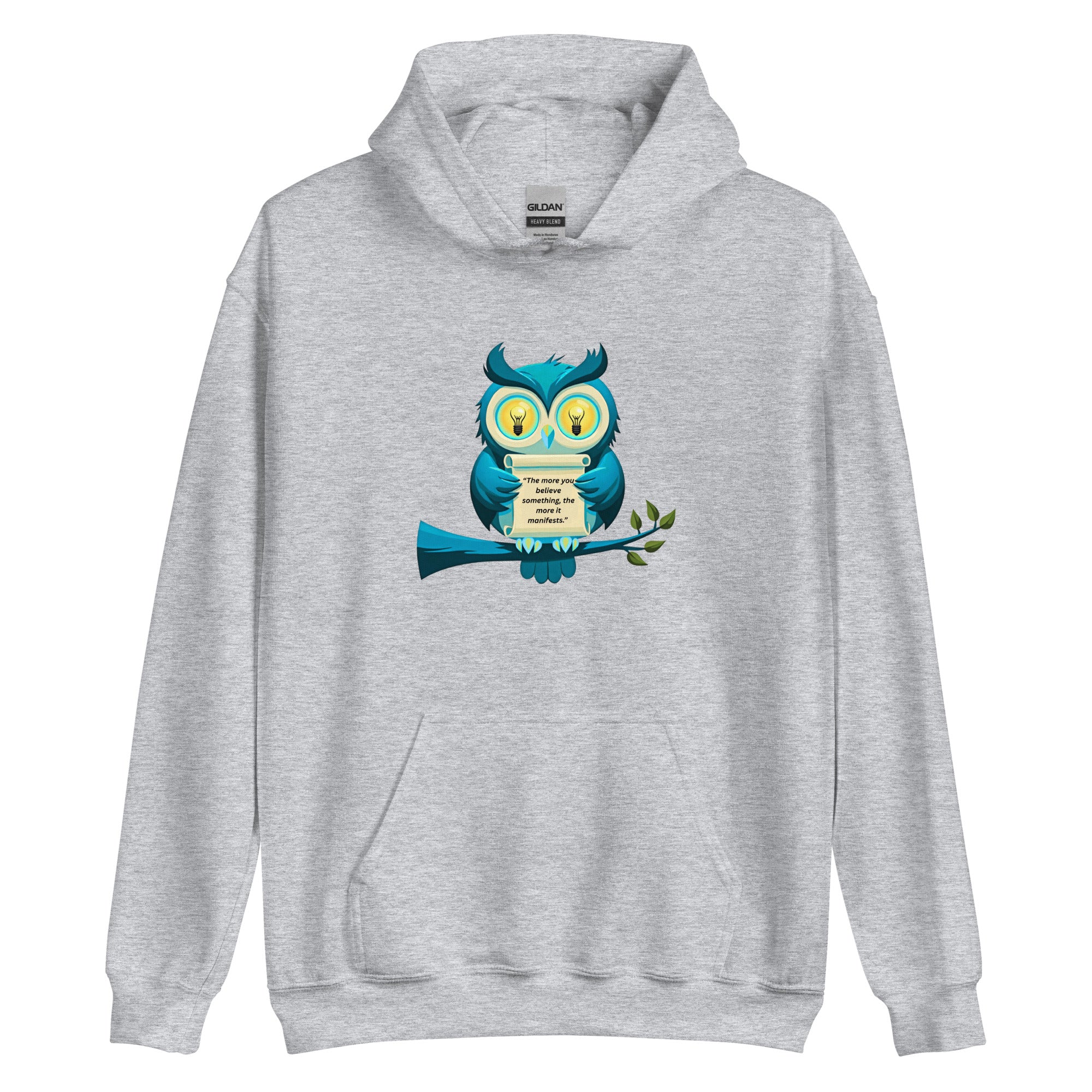 Flat lay of the owl manifestation sweatshirt on a white background for a clean product look.