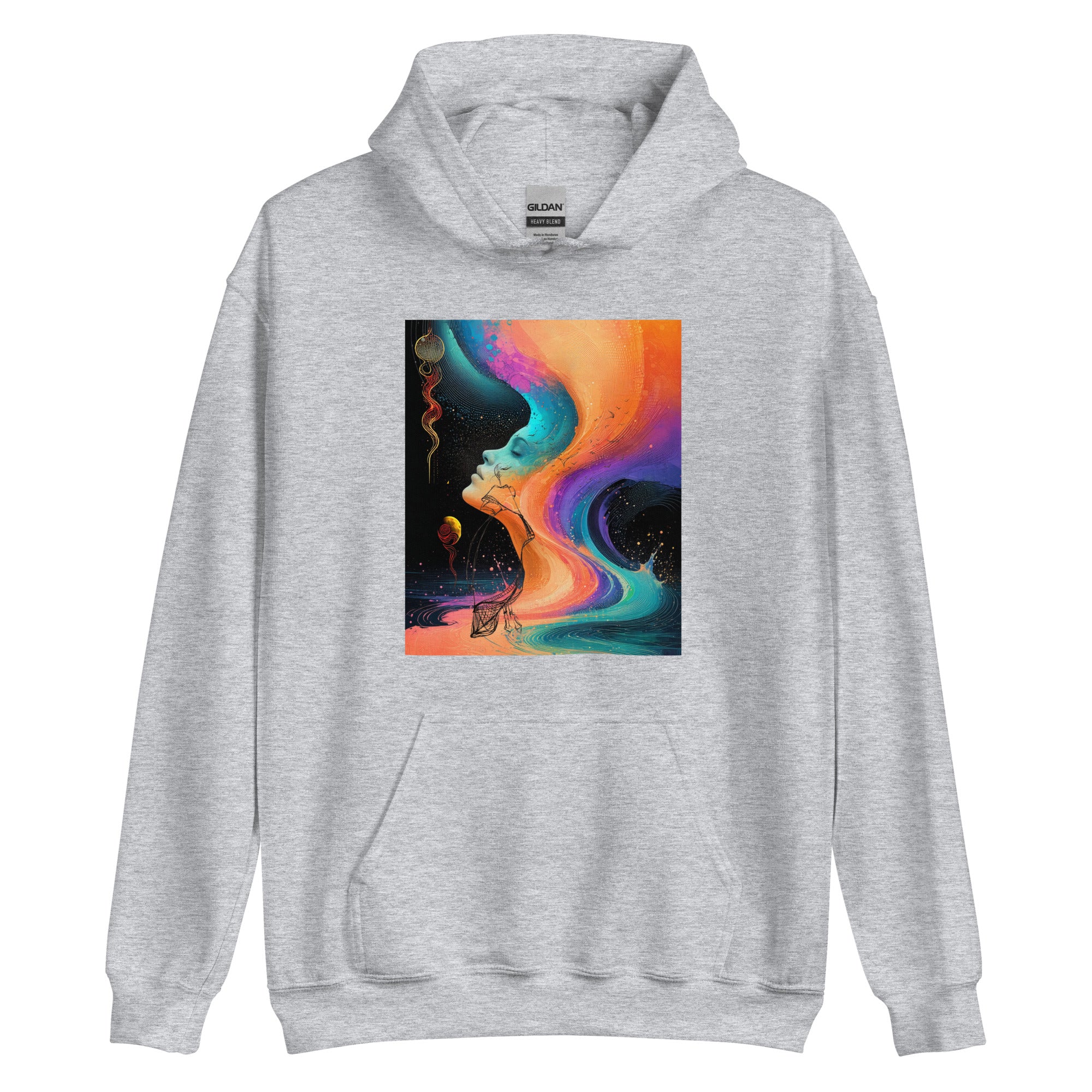 Premium grey hoodie with unique abstract design inspired by inner harmony
