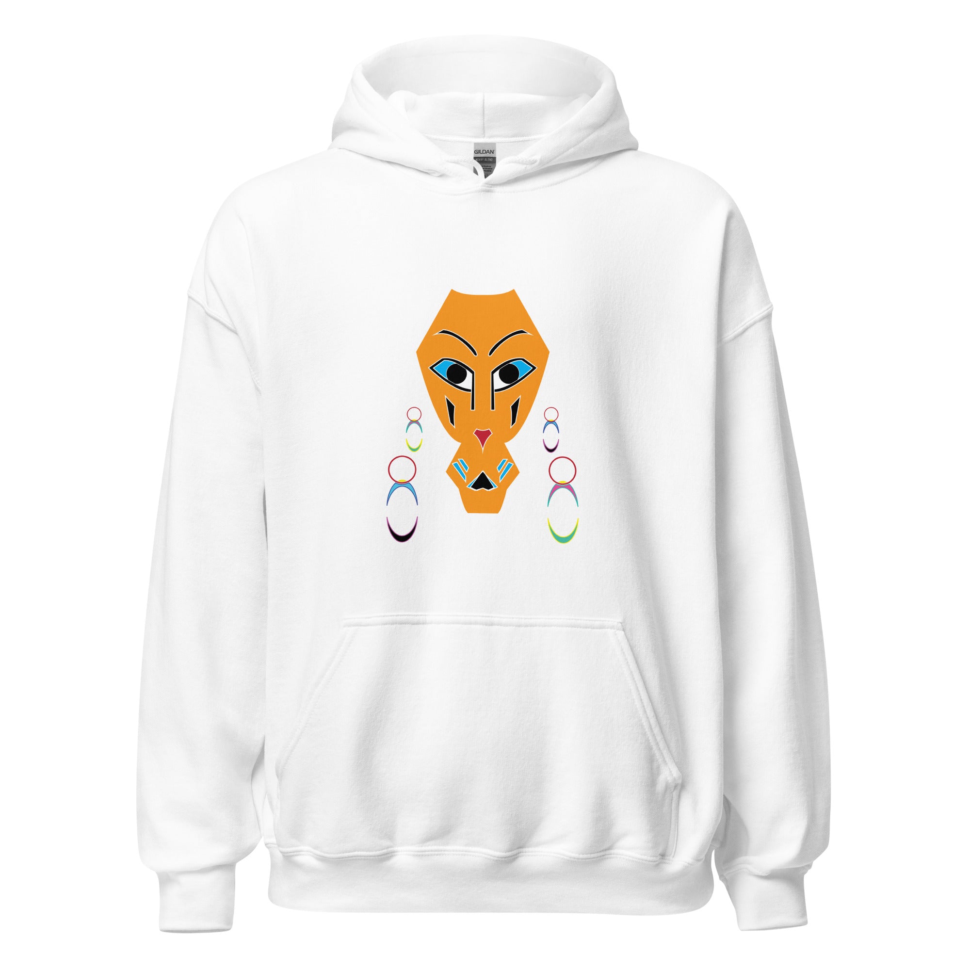 White oversized graphic hoodie with a front print of an eye design, featuring a rib-knit cuff and a drawcord hood.