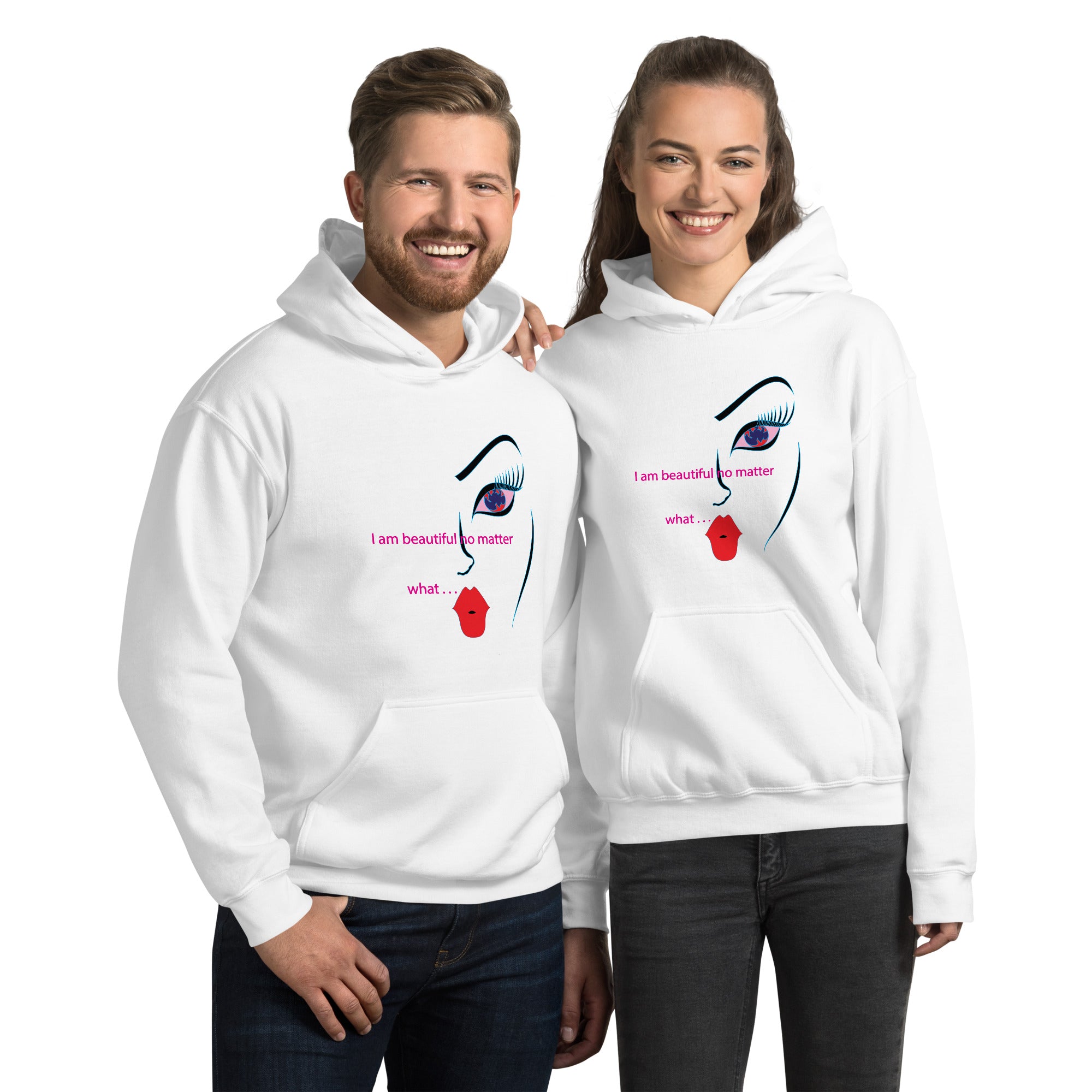 Fashionable white pullover with a bold graphic print conveying a message of self-acceptance