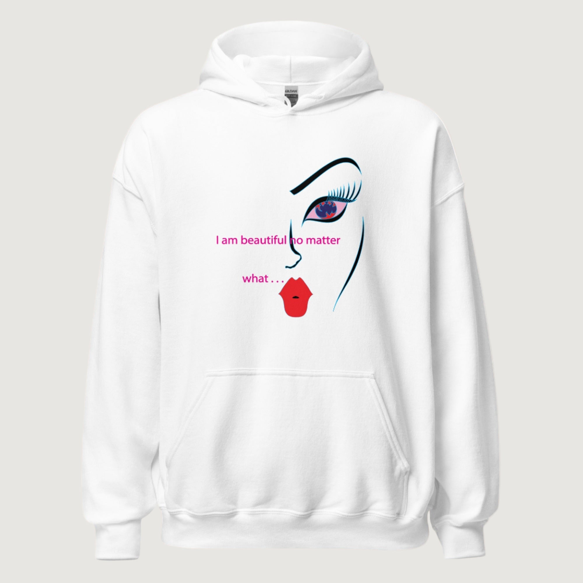 A white hoodie featuring a graphic of a woman's face. One eye and red lips are visible, with the text "I am beautiful no matter what..."